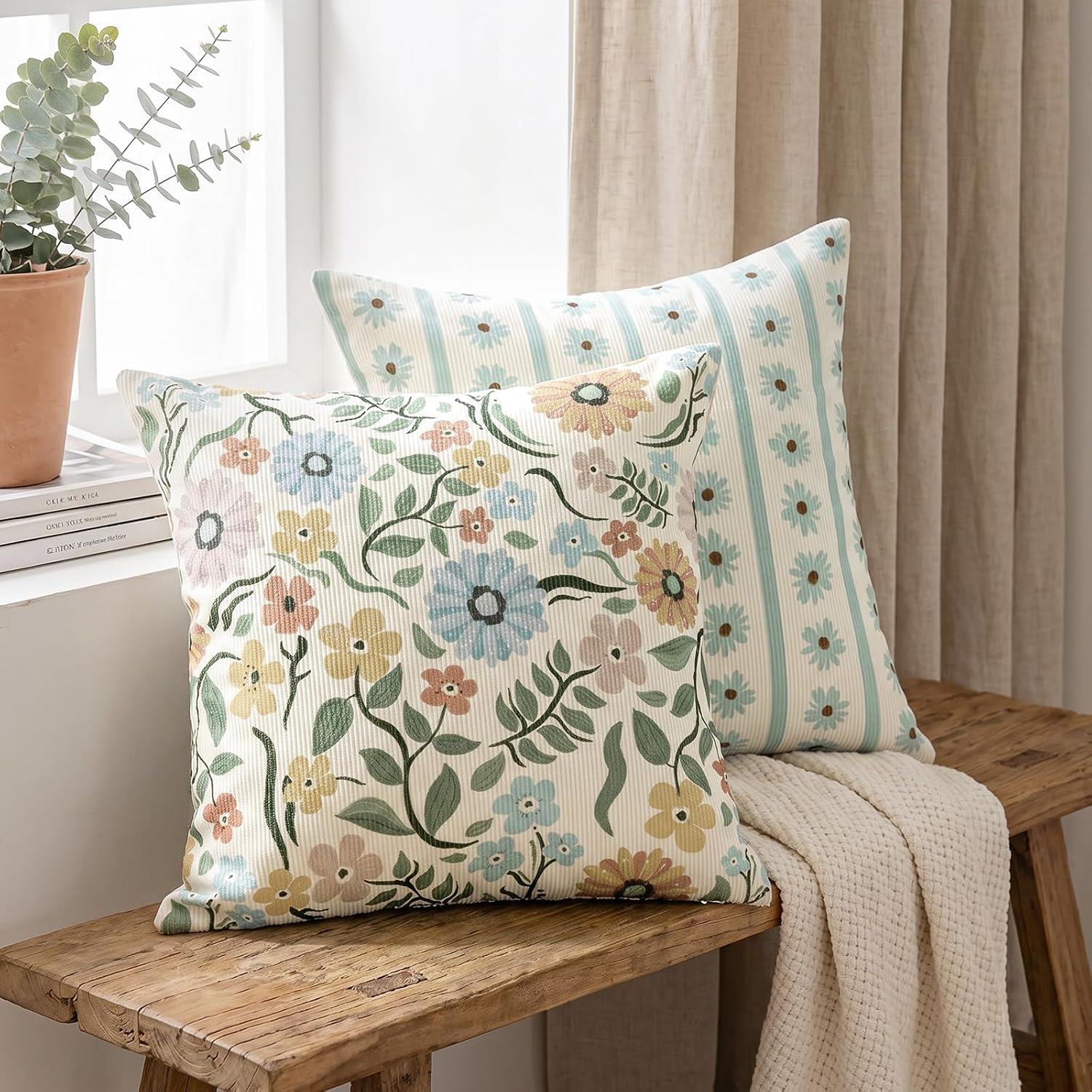 Print Pillow Covers 18x18 Inch Set of 2, Chenille Throw Pillow case, Seasonal Floral Decorative Square Decor Cushion Covers for Home Sofa Bed Couch