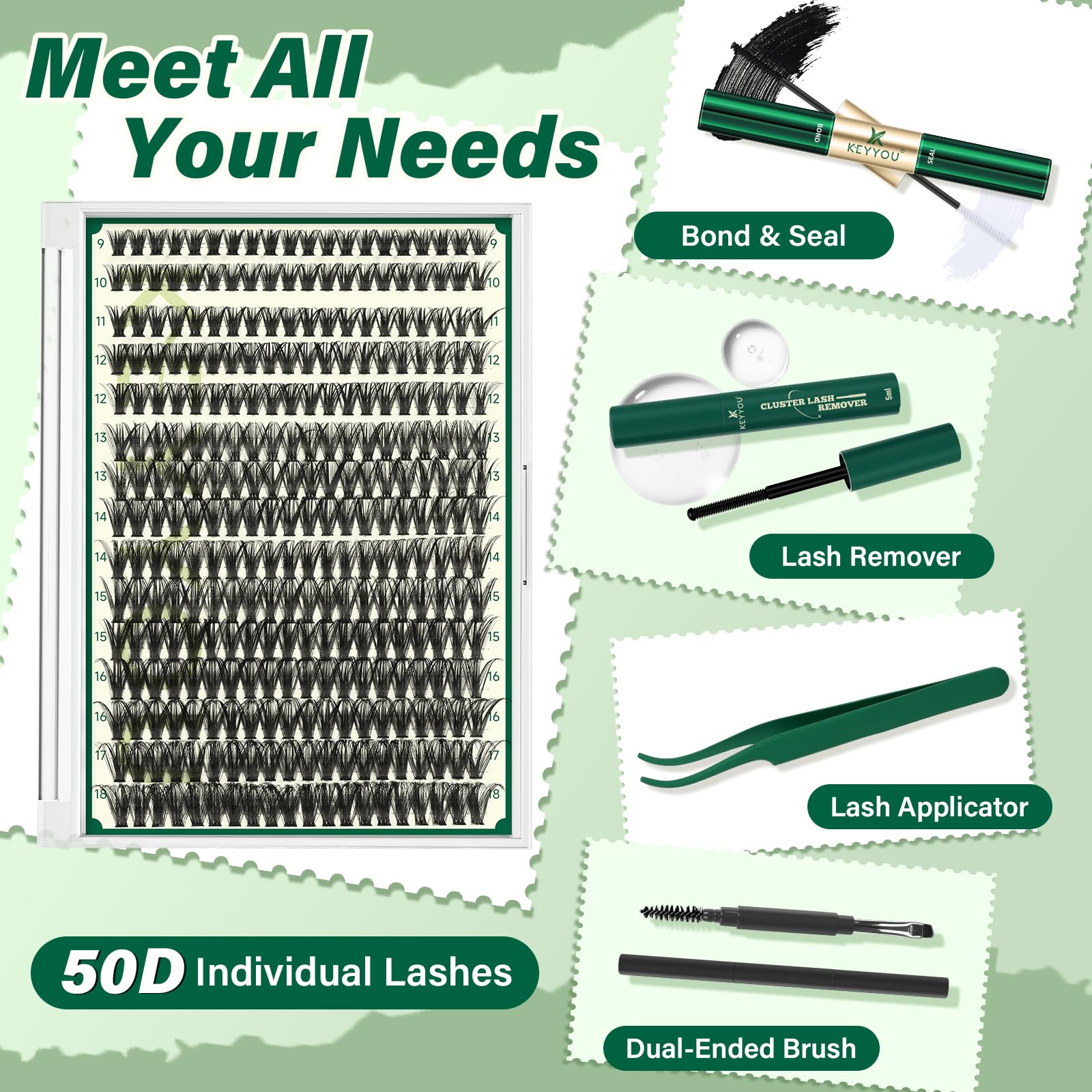 DIY Wimpernverlängerung Kit KEYYOU 300Pcs 50D 0.07D Curl 8-16MIX Wimpern Cluster Kit mit Wimpern Kleber Entferner Applikator einfach zu bedienen für Anfänger (Kit-50D-0.07D,8-16MIX)