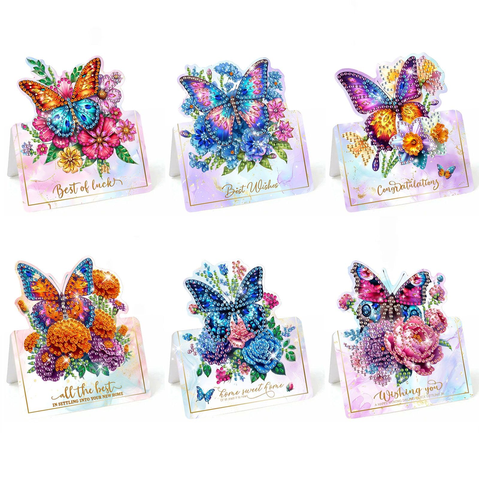 Lebartm 6Pcs 3D Folding Greeting Card DIY Diamond Art Painting Foldable Thank You Cards with White Envelopes Blessing Greeting Card Set for Festival Holiday-Butterfly