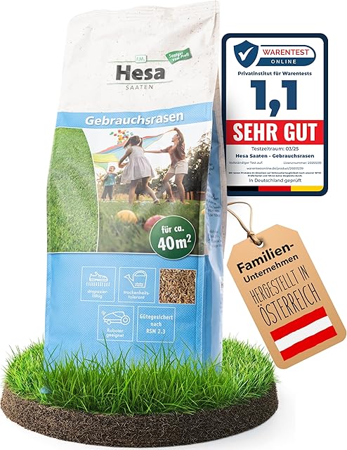 Hesa Hesa Gebrauchsrasen 1 kg für 40 m², RSM 2.3, schnellkeimende Premium Rasensamen Sport- und Spielrasen, Grassamen strapazierfähig und robust in Profiqualität — Saat & Dünger