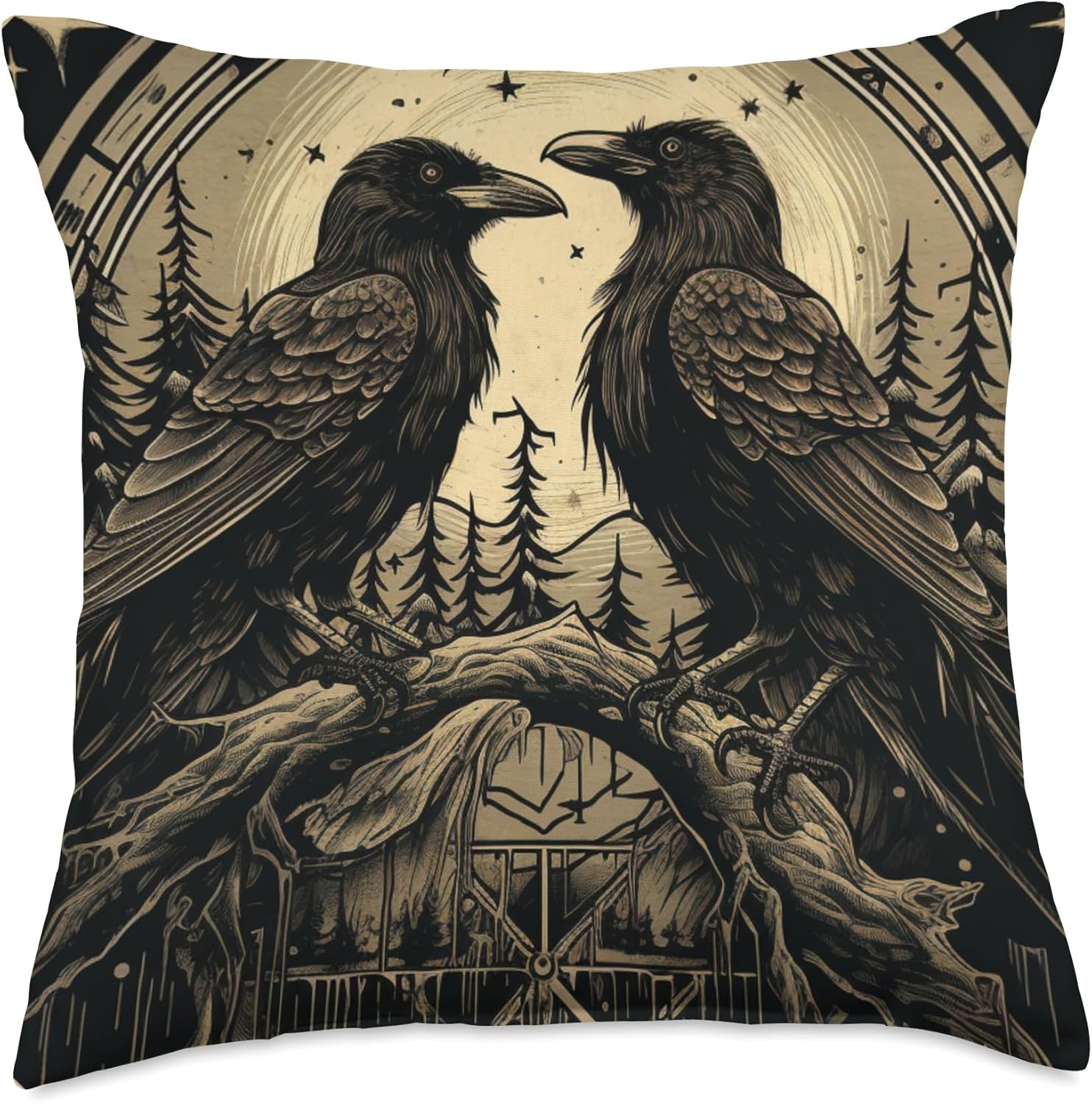 Odin Ravens Huginn and Muninn Odin's Ravens Viking Valhalla Throw Pillow
