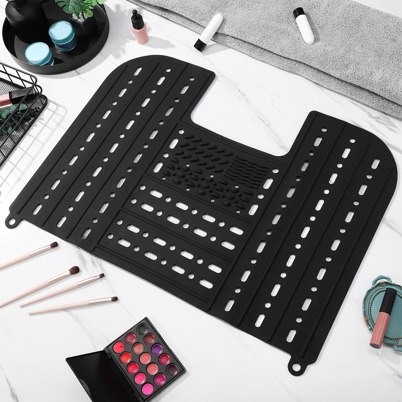 Alfombrilla Plegable de Silicona para Lavabo de Baño Cubierta Multifuncional para Fregadero con Organizador y Secado Rápido Resistente y Ahorra Espacio Color Negro