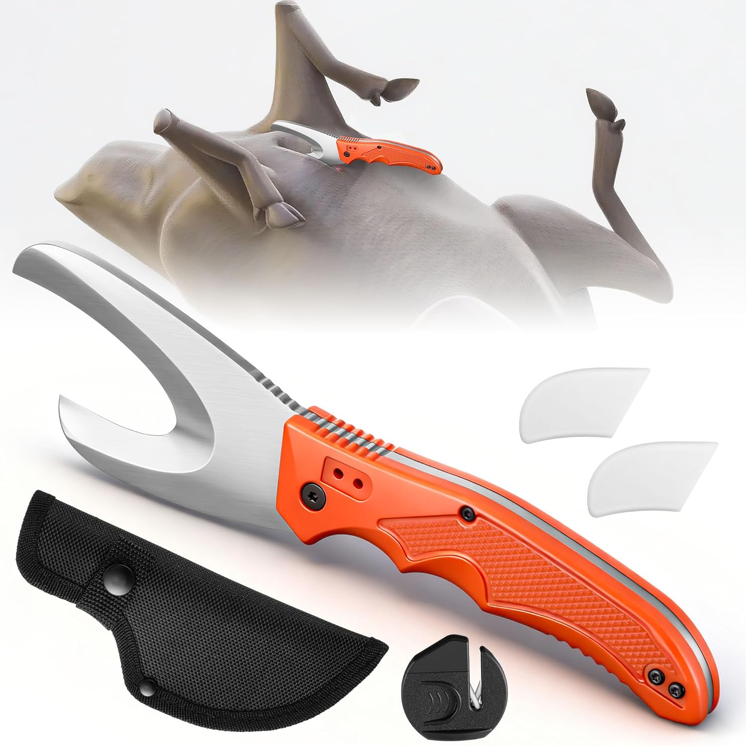 Field Dressing Kit for Deer Hunting, 3-in-1 Super Utility Skinning Knife with Black Nylon Sheath & Ceramic Sharpener & Assist Protective Cap, Deer Gut Hook Knife