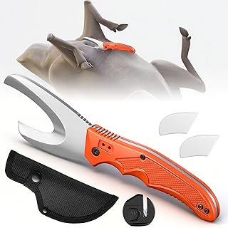 Field Dressing Kit for Deer Hunting, 3-in-1 Super Utility Skinning Knife with Black Nylon Sheath & Ceramic Sharpener & Assist Protective Cap, Deer Gut Hook Knife