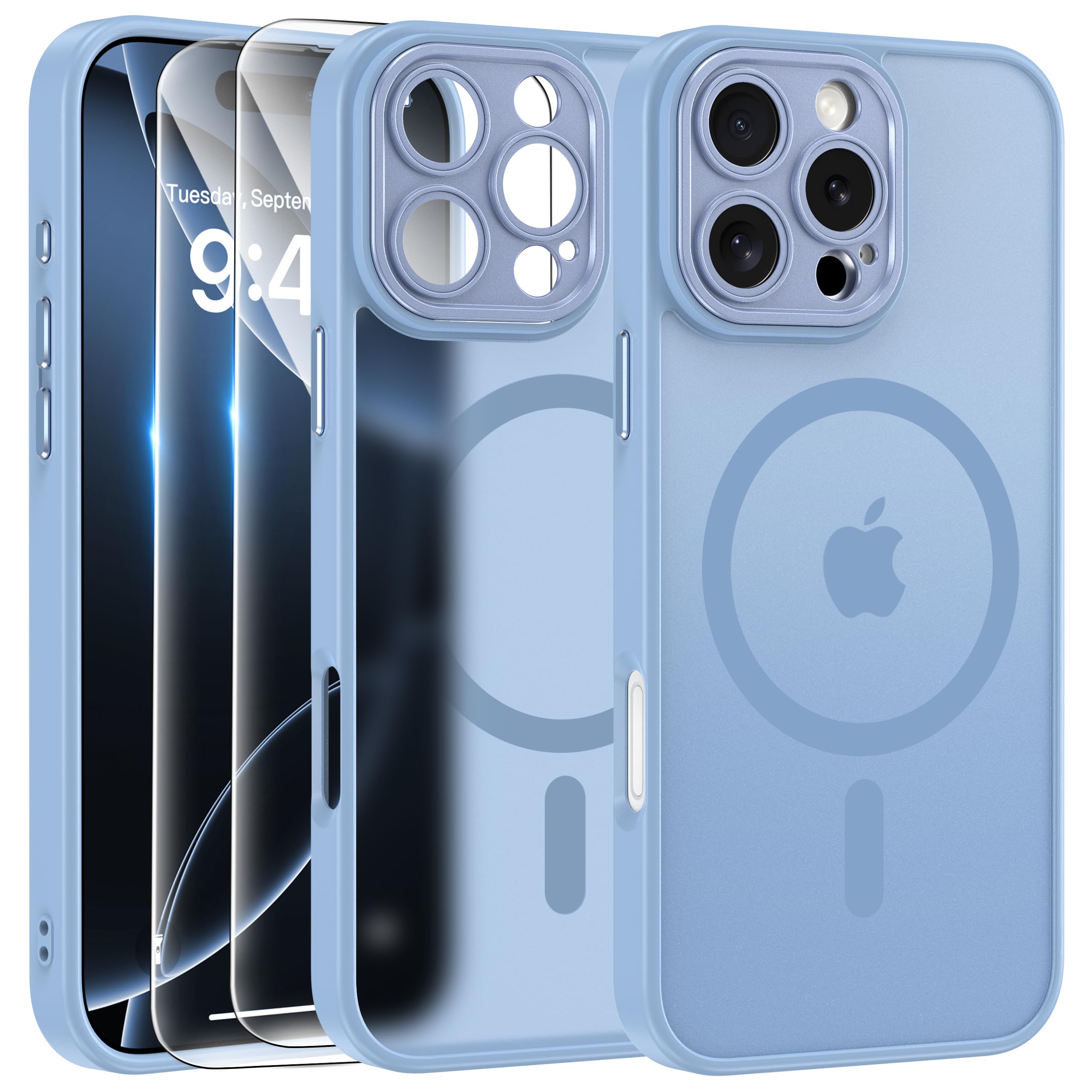 FLLAO Cover Magnetica per iPhone 16 Pro Max Custodia e 2 Pellicole in Vetro Temperato, Cover iPhone 16 Pro Max Magsafe, Custodia Traslucida Opaca Posteriore Sottile Antiurto Protettiva Case, Blu