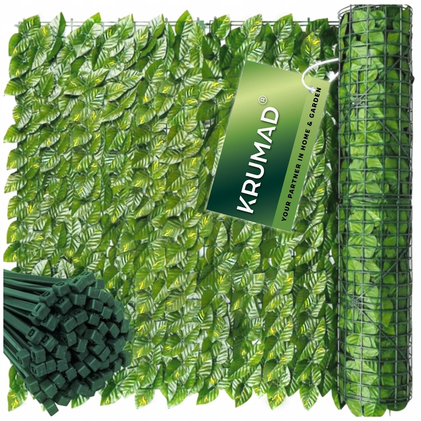 KRUMAD Lot de 2 haie de lierre artificiel de 500 x 50 cm, guirlande suspendue, brise-vue pour balcon et jardin, avec 200 serre-câbles, clôture brise-vue sans perçage, vert