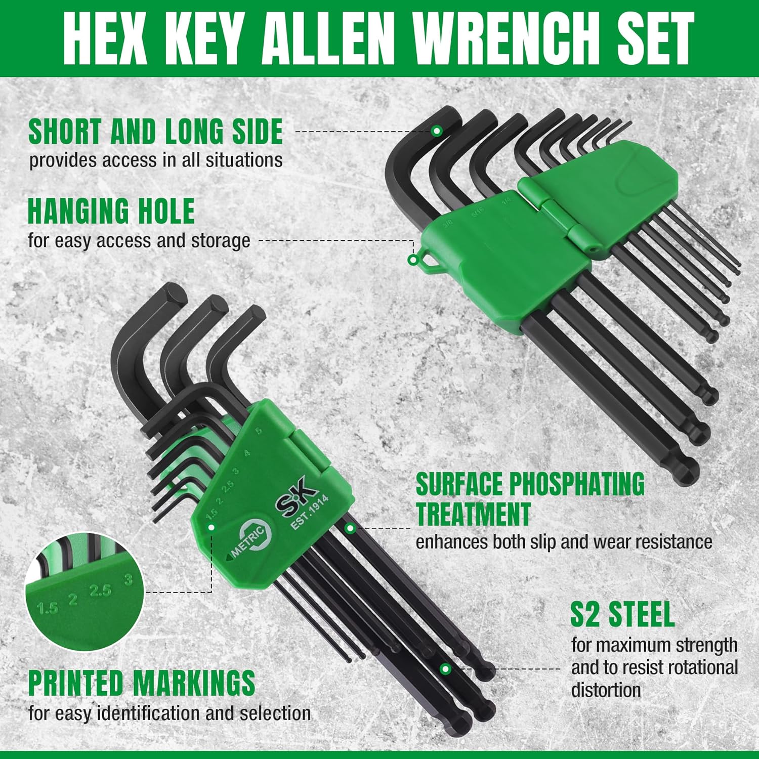 SK 18-Piece Allen Wrench Set, Metric & SAE Hex Key Set, L-Shaped, S2 Steel, Black Phosphating Finish