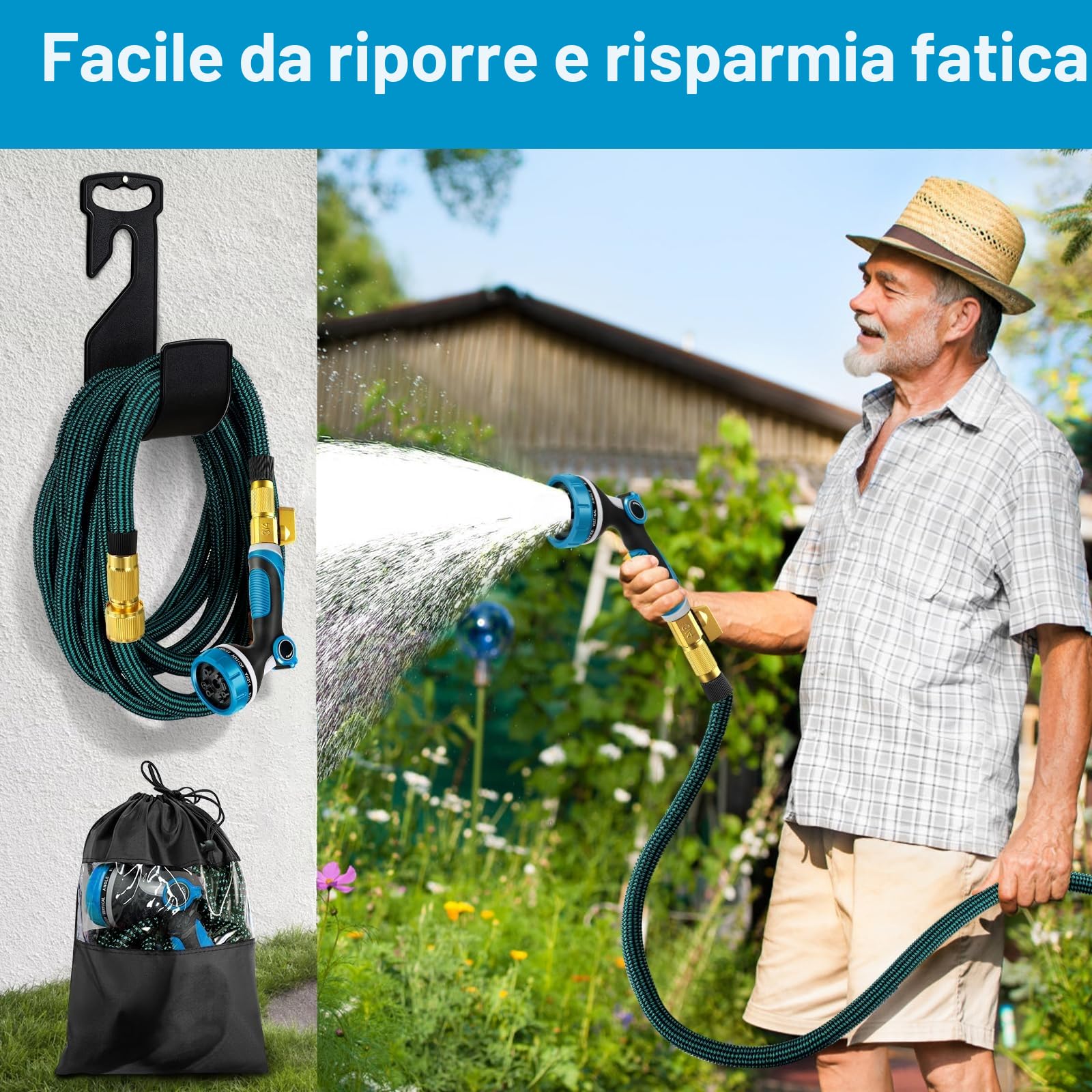 Tubo Acqua Giardino,Tubo Estensibile da Giardino con connettore in ottone da 3/4' e 1/2',Canna Acqua Giardino con ugello spruzzatore a 10 funzioni,45 metri Gomma per Innaffiare,Tubo Irrigazione (45M)