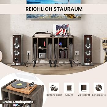 COSTWAY Platenspelerstandaard met Laadstation, Vinylplaten Platenspelertafel met 4 open planken, Platenspelerstandaard Vintage, Bijzettafel voor Woonkamer Kantoor, 43x34,5x67,5cm (Grijs
