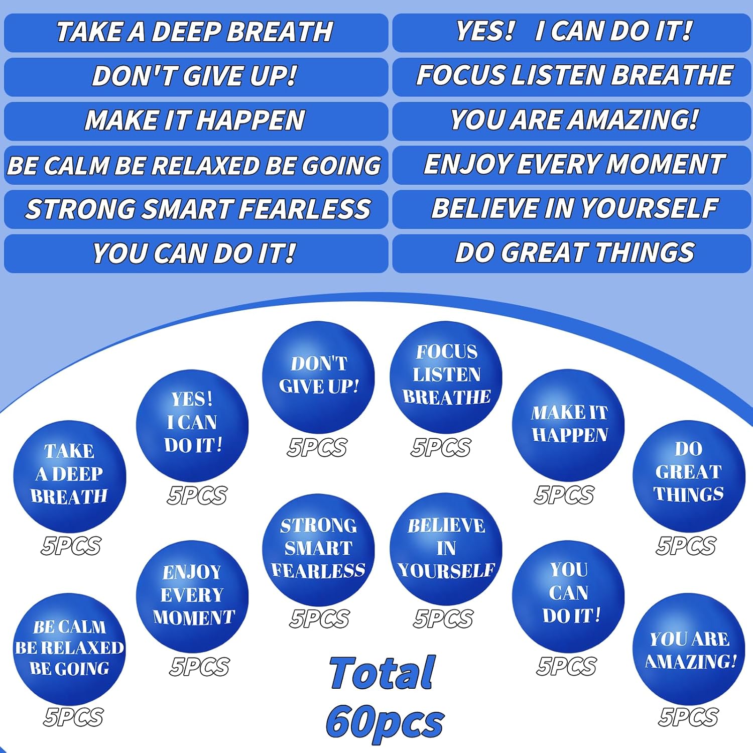 96 Pieces Motivational Stress Balls 2 Inch Inspirational Stress Relief Ball Bulk Hand Exercise Balls Encouraging Blue Foam Balls Anxiety Small Balls with Quotes for Kids Adults Teens, 12 Styles