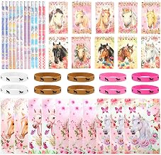 Horse Theme Party Bag Set for Children's Birthdays, 42 Pieces with 10 Notebooks, 12 Pencils, 10 Gift Bags & 10 Silicone Bracelets, Give Aways for Horse Parties and Birthday Party