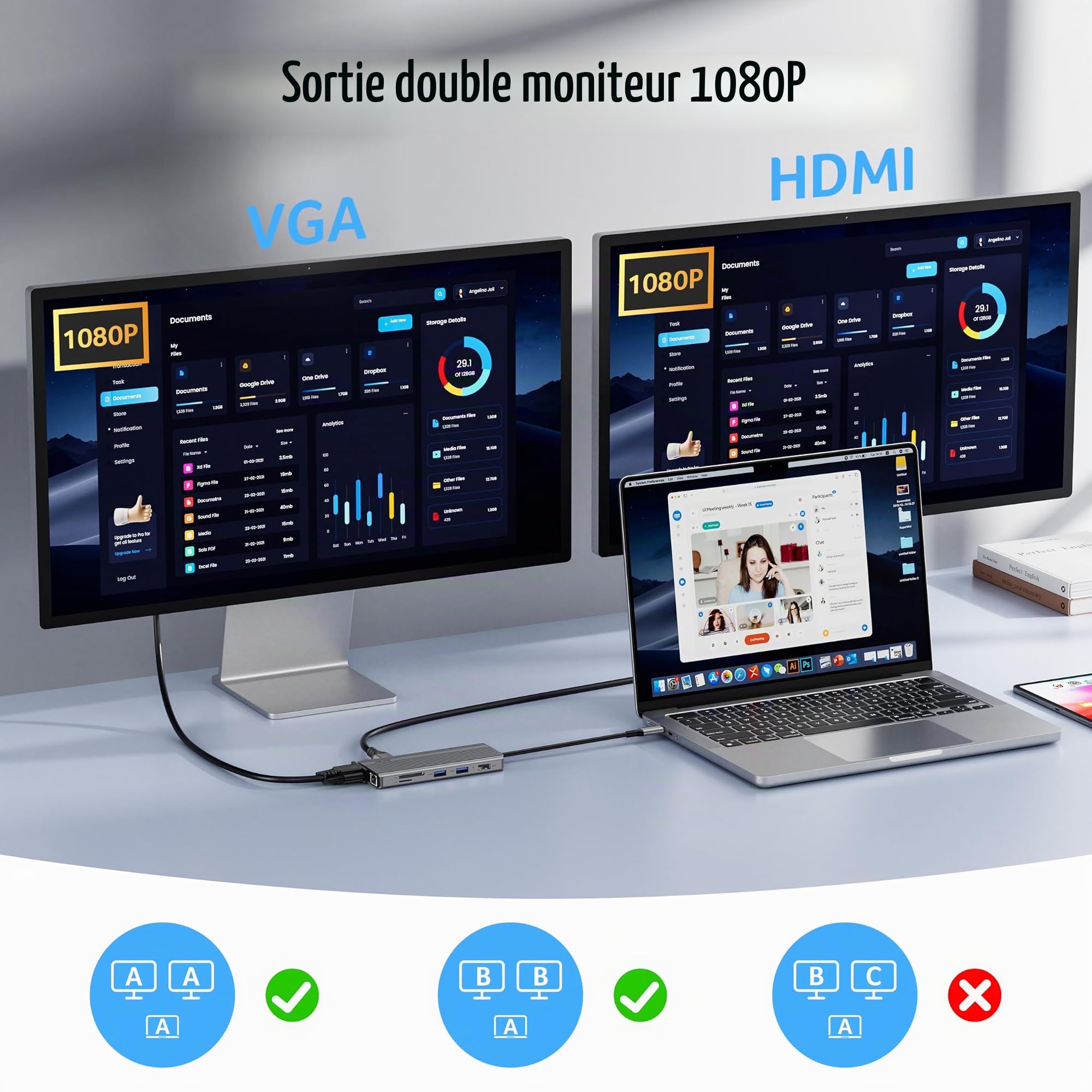 acer Hub USB C 11 en 1, Station d'accueil avec HDMI 4K@60Hz, VGA 1080P | USB C Docking Station avec 2 Ports USB-C 10Gbps, 2 Ports USB-A 5Gbps, Port PD 100W, Ethernet 1Gbps, Carte SD/TF, pour PC