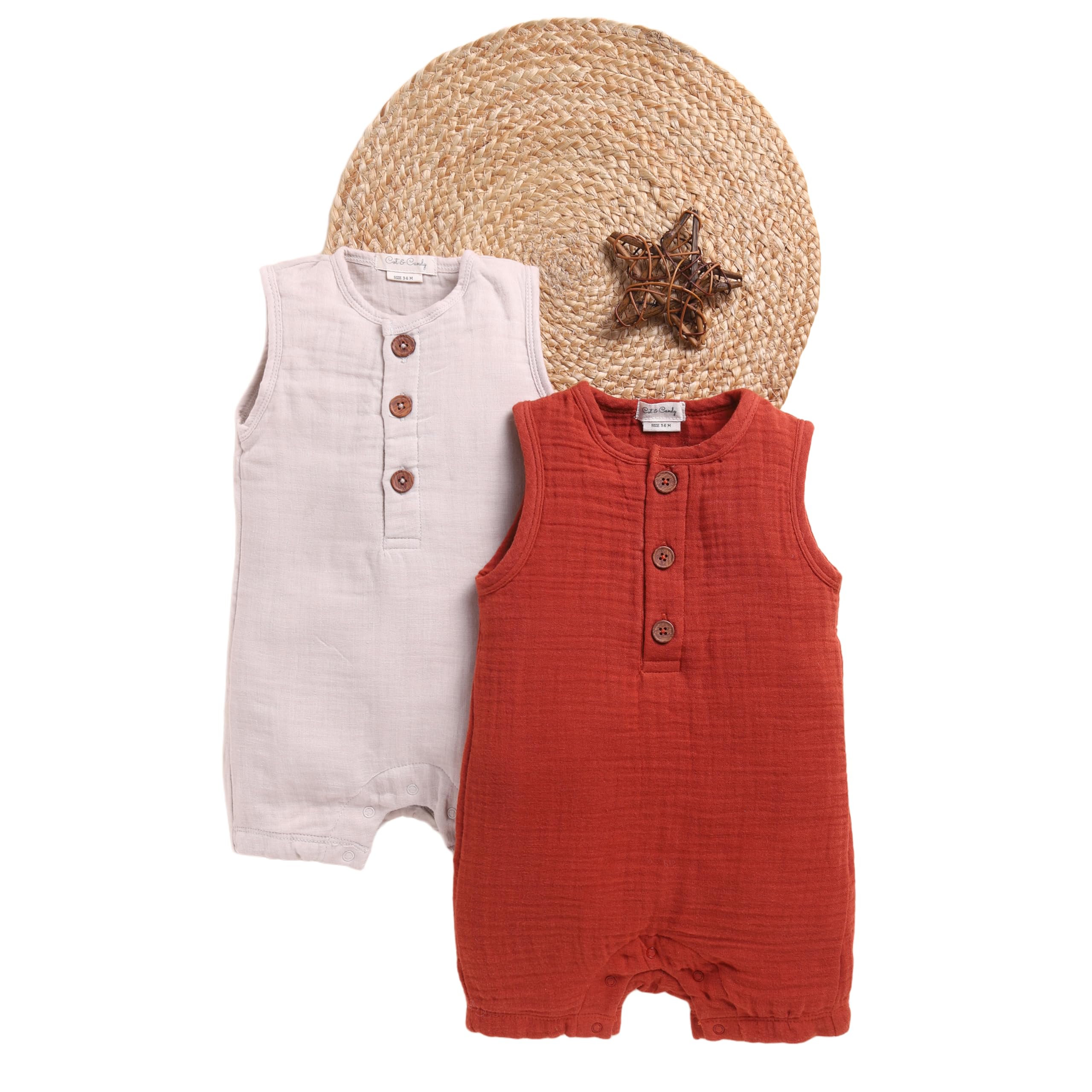 Cot & Candy Baby Organic Muslin Half Romper Pack Of 2-Oatmeal + Picante-image-36