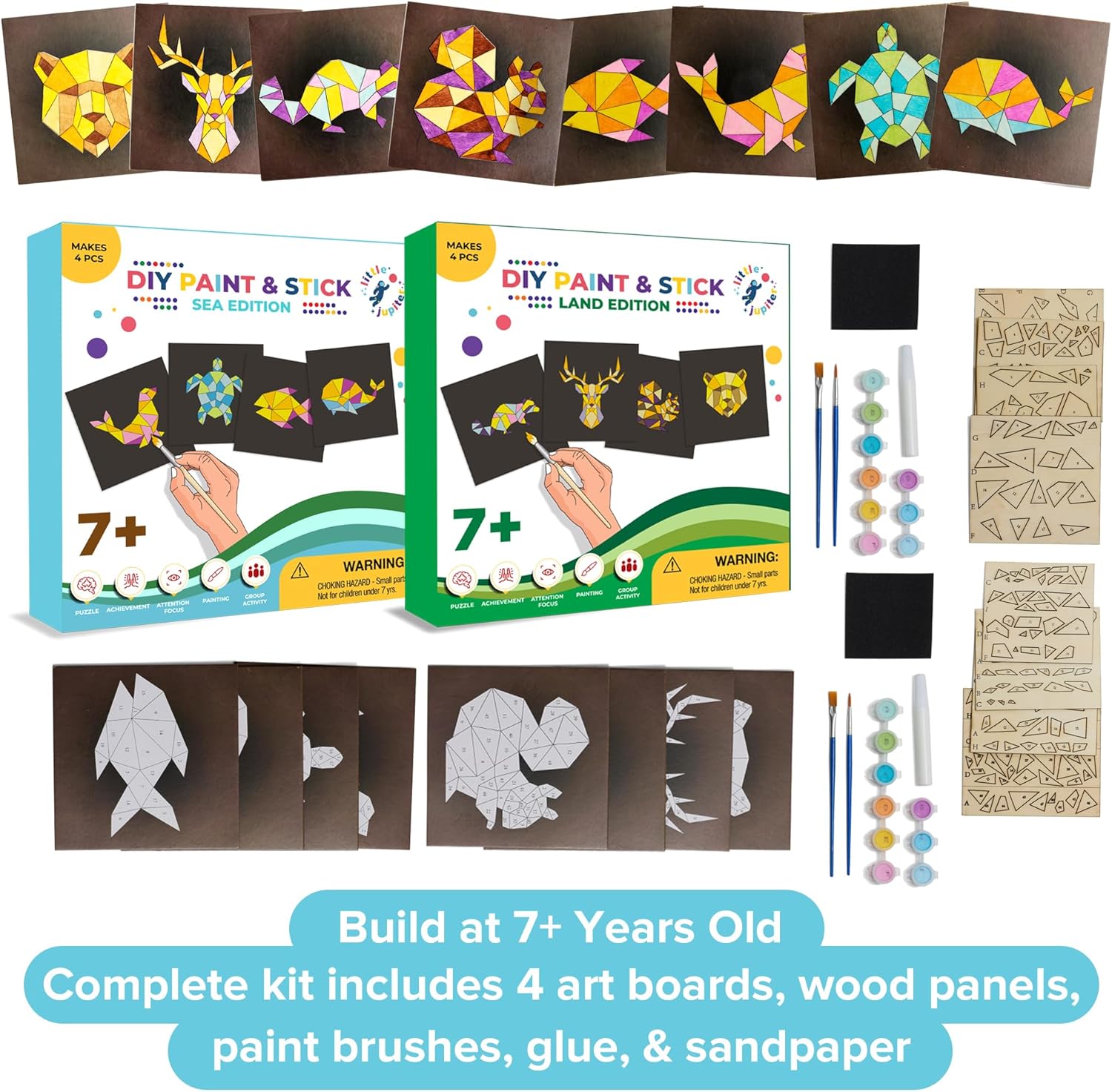 Little Jupiter Paint & Stick (Land & Sea) - Makes 4pcs - Mosaic Art - Wood Painting Crafts for Ages 7-12 Yrs - DIY Kids Crafts Kits - Paint by Numbers Kit - Mosaic Crafts