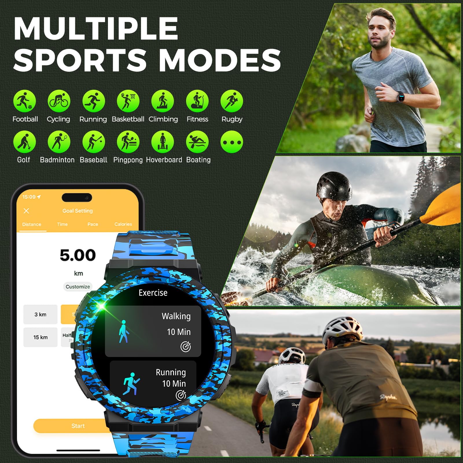 JELLOO Smart Watch militare da uomo (rispondere/effettuare chiamate), impermeabile 3ATM, torcia a LED, oltre 100 modalità sportive, smartwatch tattico con cardiofrequenzimetro SpO2, monitoraggio del