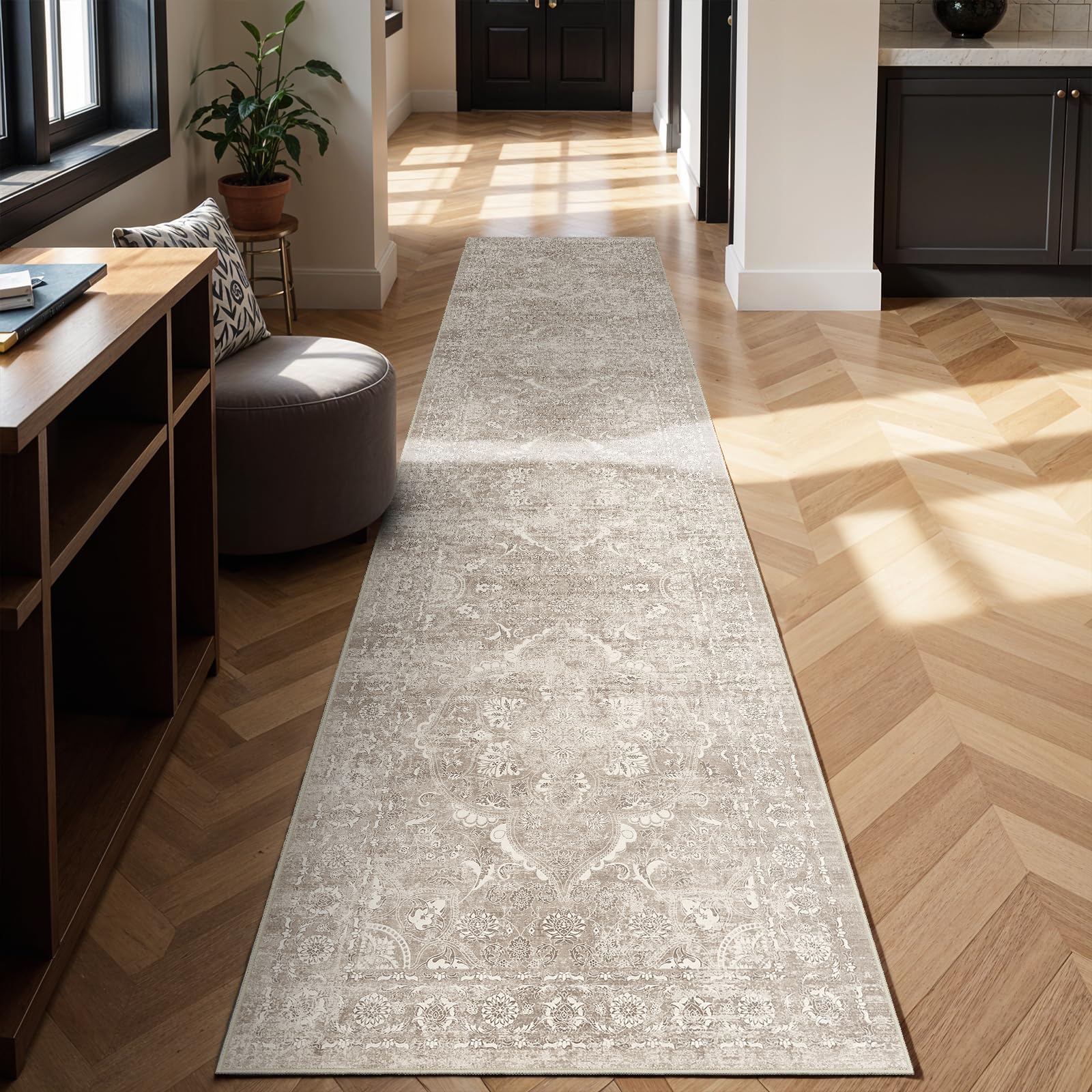 EISUROM Washable 3x14 Runner Rug - Non-Slip Vintage Runner Rug for Entryway Low-Pile Medallion Long Rugs for Hallway Waterproof Traditional Runner