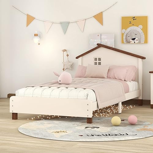 LUMISOL Cama de plataforma de tamaño individual con cabecera en forma de casa marco de cama de madera para dormitorio de niños crema nogal