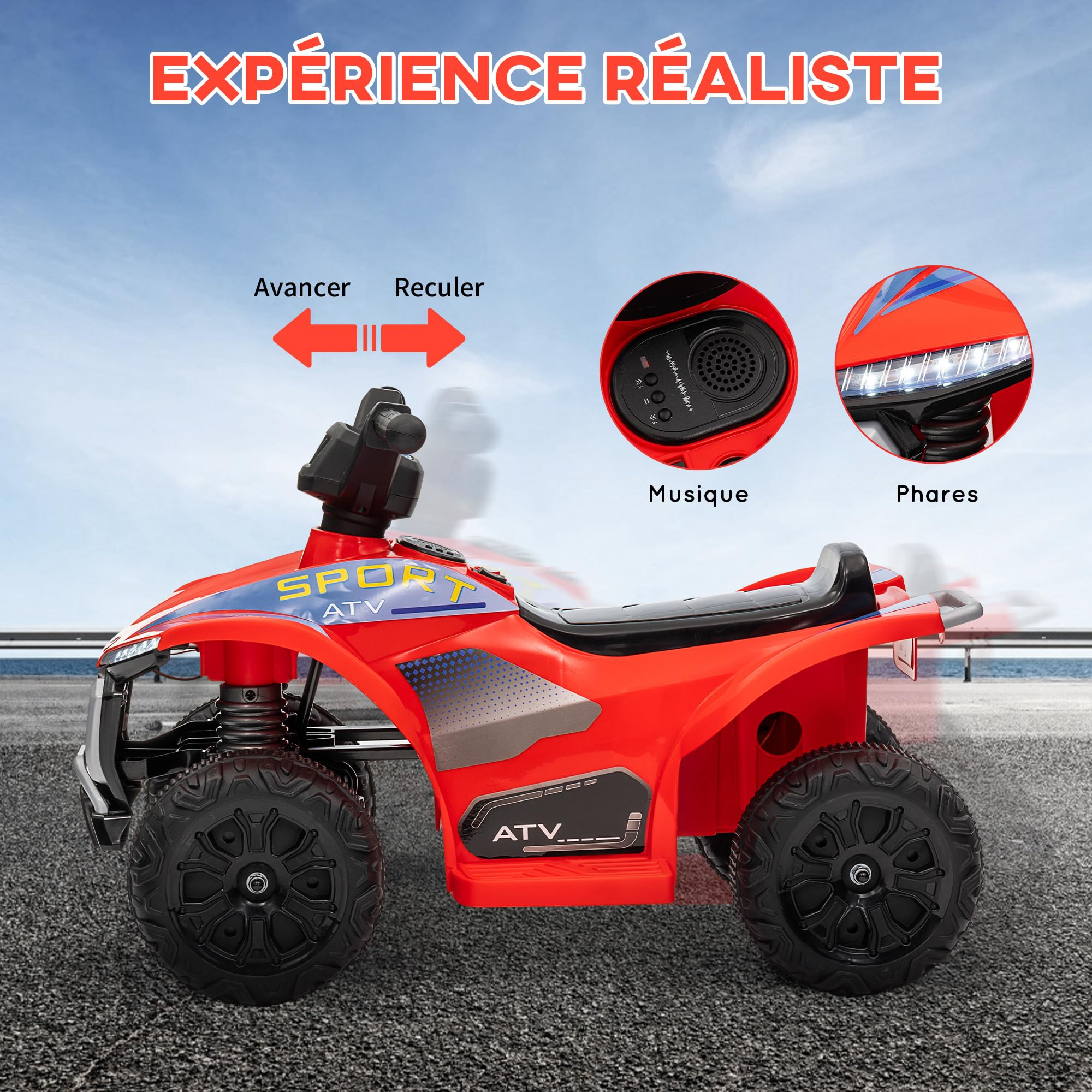 AIYAPLAY Quad Électrique Enfant, 6V 2,5 km/h, Phares, 18-36 Mois, Rouge | Voiture Électrique Enfants, Marche Avant et Arrière, Fonction Musicale