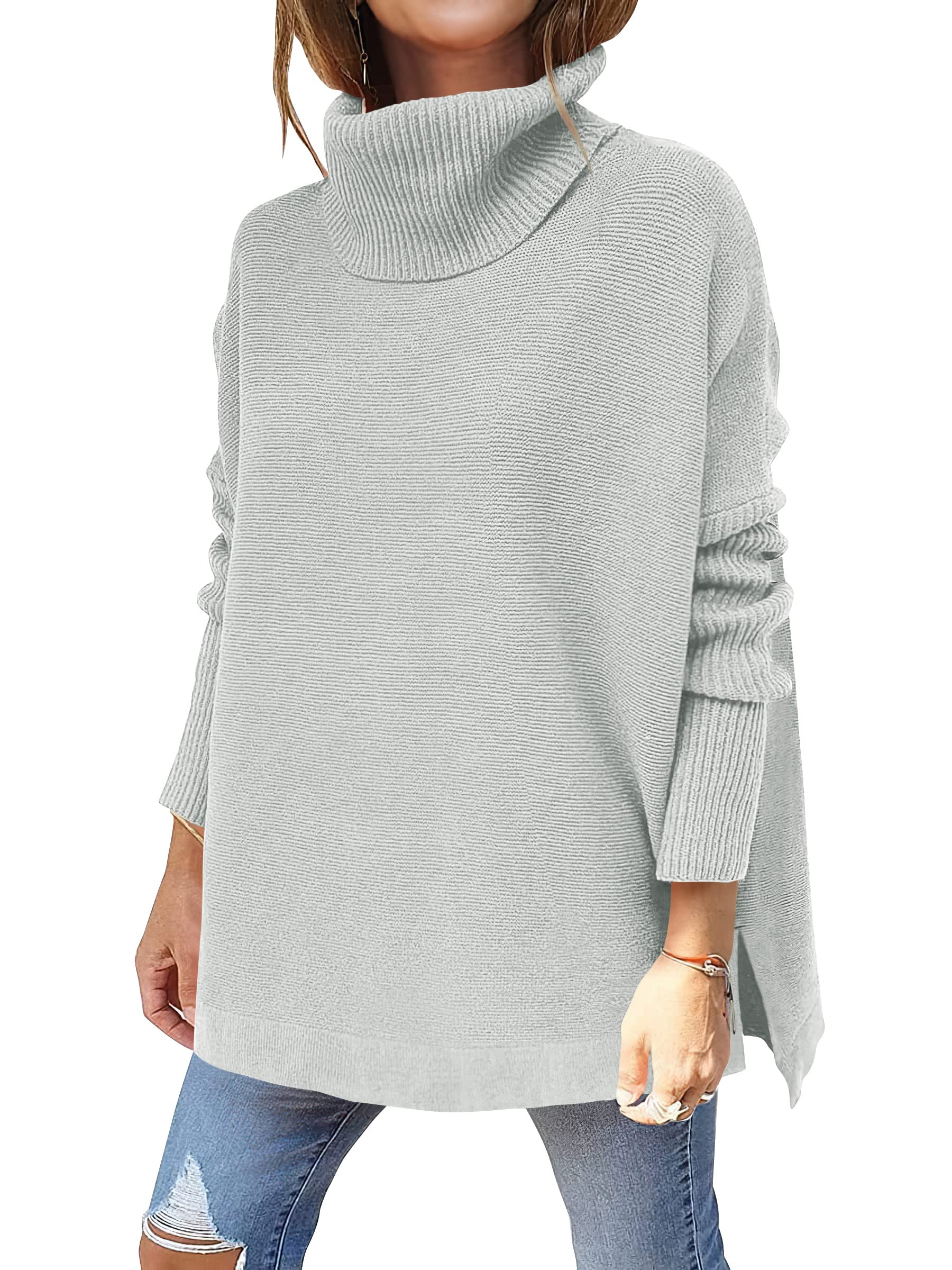 ANRABESSWomen's Turtleneck Oversized 2022 Long Batwing Sleeve Spilt Hem Knit Tunic Pullover Sweater Tops