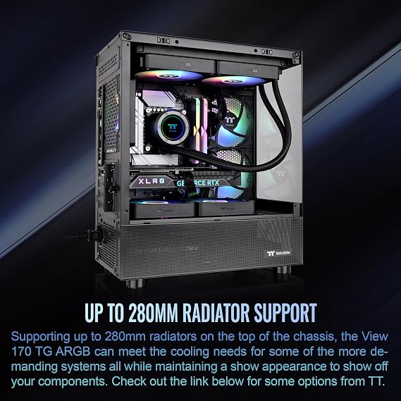 Thermaltake View 170 TG ARGB Black Micro-ATX Case; 3x120mm ARGB Fans Included; Supports Up to 280mm Radiator; Front & Side Dual Tempered Glass Panel; CA-1Z4-00M1WN-00;