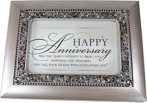 Ebros Gift Cottage Garden Happy Anniversary - Caja musical decorativa de peltre cepillado con piedras preciosas de cristal, decoración musical, 8 x