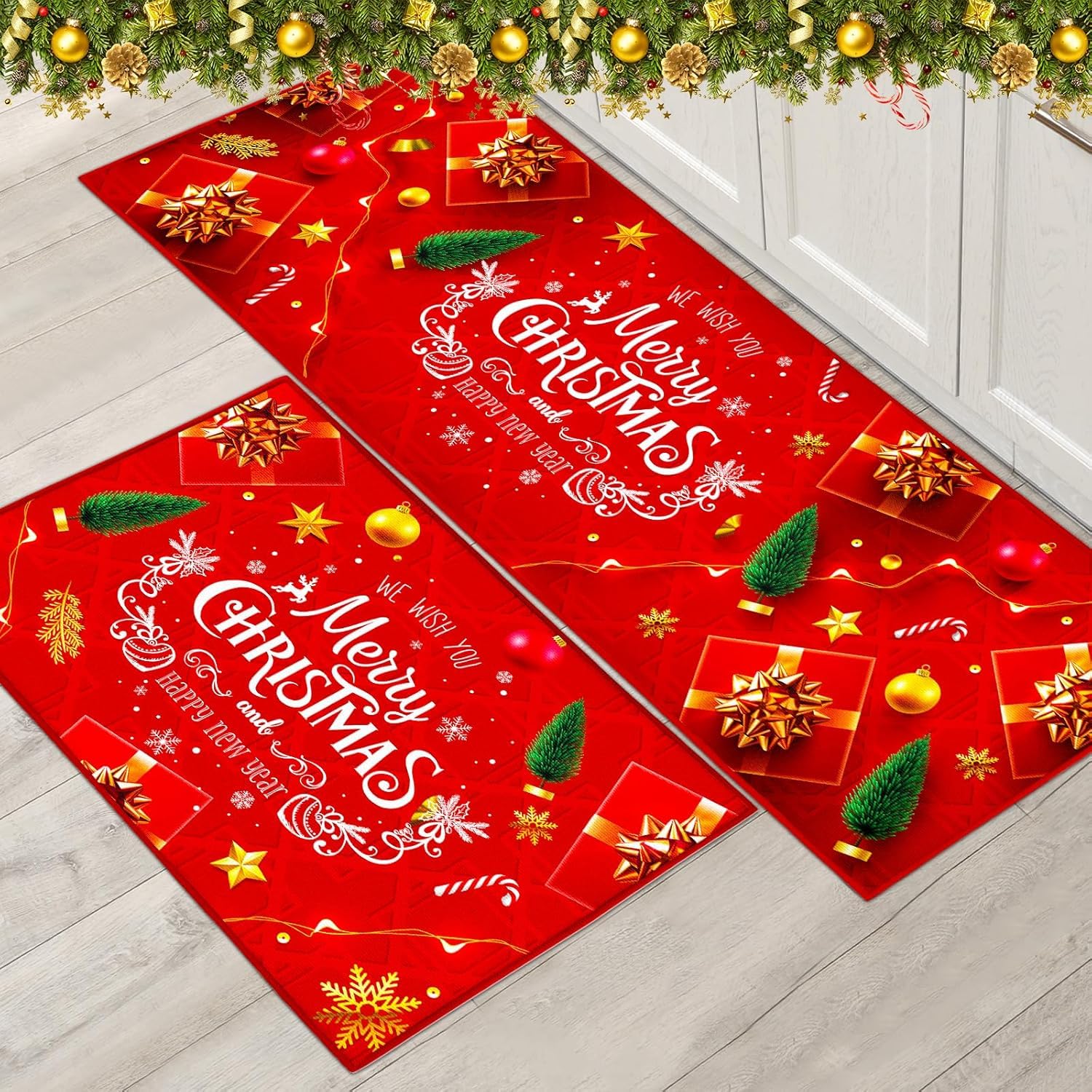 PORJDN Juego de alfombras de Navidad para interiores, color rojo, alfombra de Navidad para puerta de cocina, decoración del hogar, alfombra lavable (estilo B, 43 x 150 + 43 x 75 cm)
