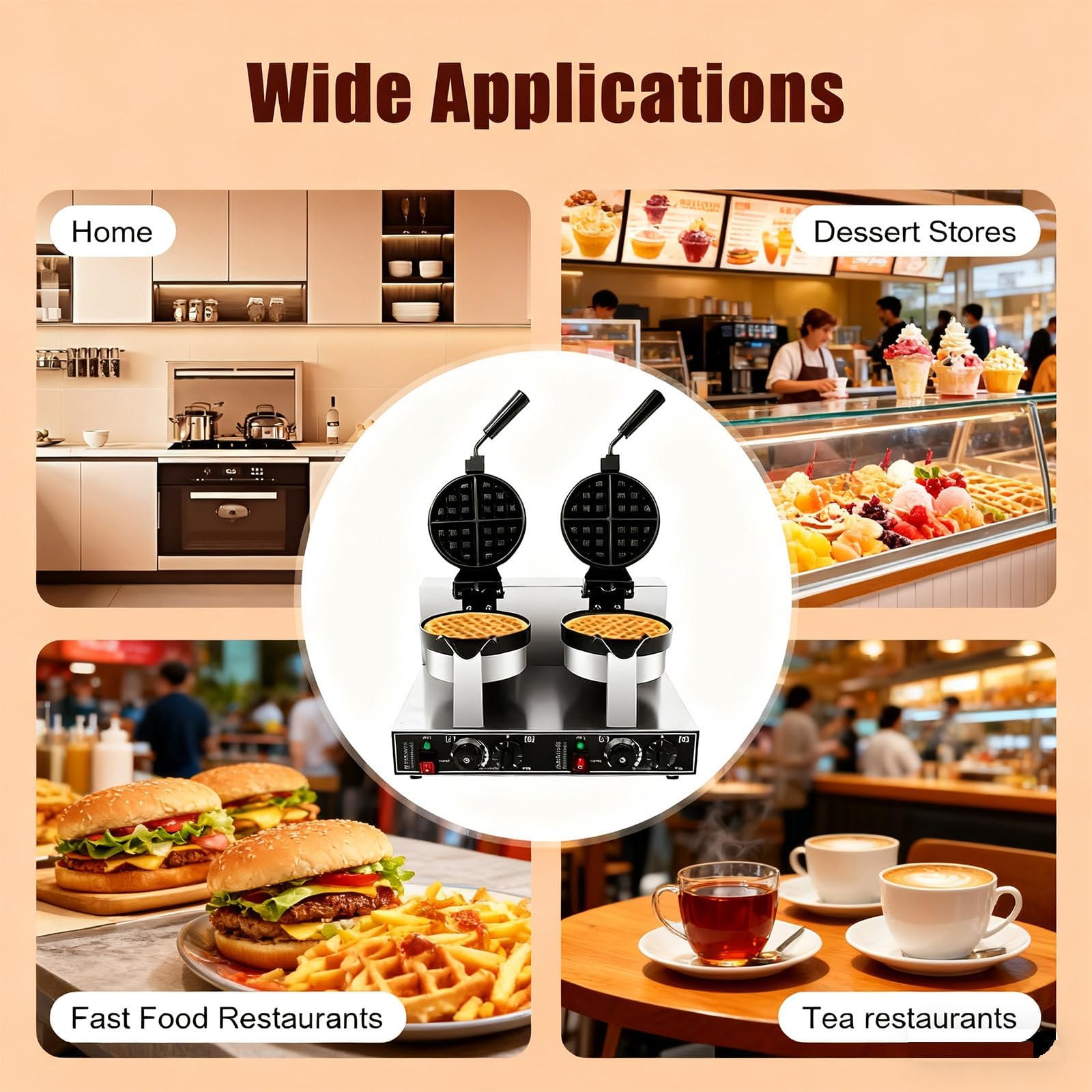 Máquina para hacer gofres giratoria comercial, plancha para gofres antiadherente de doble cabezal de acero inoxidable de 2400 W, gofrera redonda para panadería, restaurante y snack bar