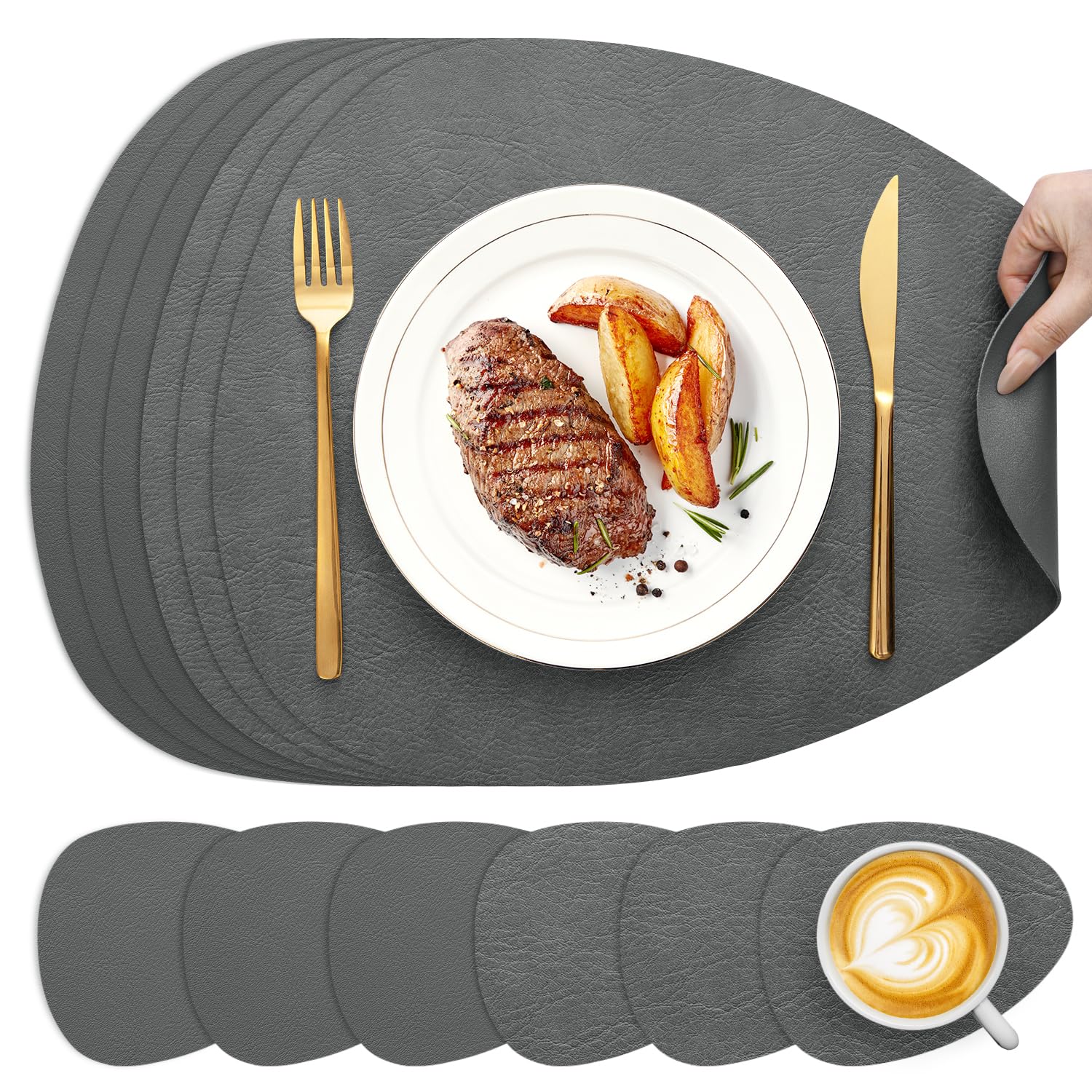 YIHELU Tischsets Abwaschbar und Untersetzer 6er Set, Platzsets Abwaschbar Doppelseitigen Kunstleder rutschfest & Einfache Reinigung, Platzdeckchen für Esszimmer