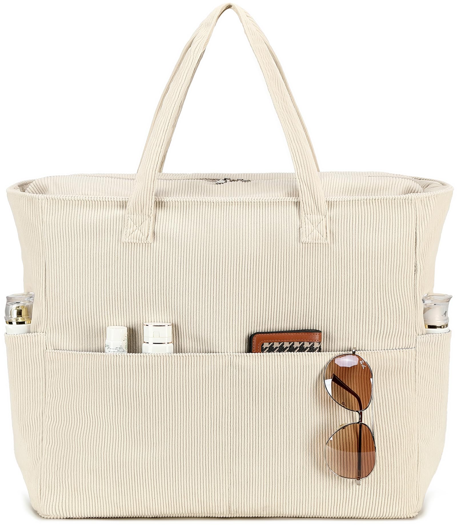 LEDAOU Große Strandtasche mit reißverschluss Damen Wasserdicht Umhängetasche Tragetasche shopper sanddicht mit Reißverschluss Pool Fitness Reisetasche familie(Cord Beige)