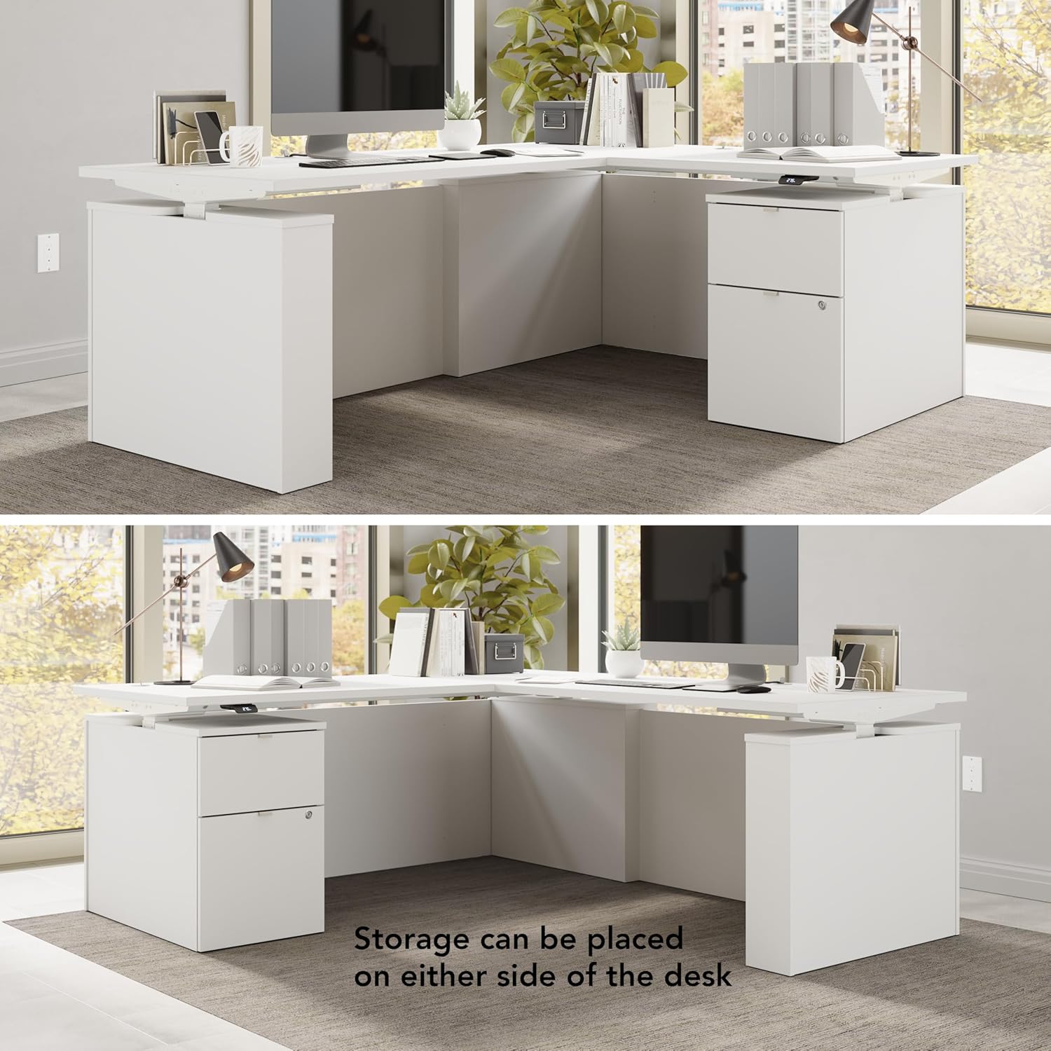Bush Business Furniture 72-inch Height Adjustable L Shaped Standing Desk with File Cabinet, Ergonomic Sit-Stand Computer Table for Office, Stratus Collection, White with White Base