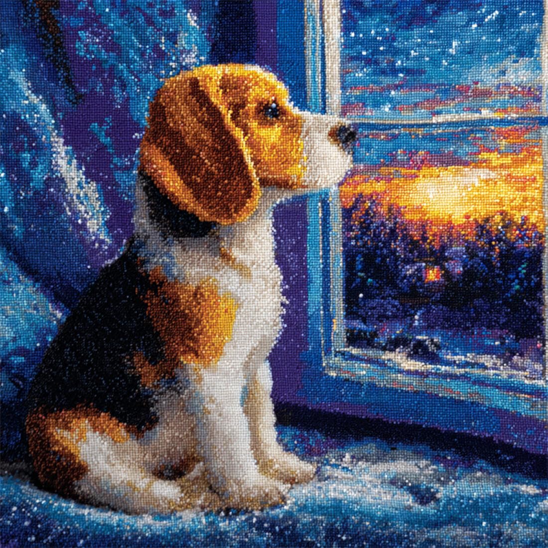 Kitquiver Animal Cushion Making Kit The Dog By The Window DIY Tapestry Throw Pillow Cover Needlepoint Cushion Kits for Home Décor Needlework Kit for Beginners 17x17In