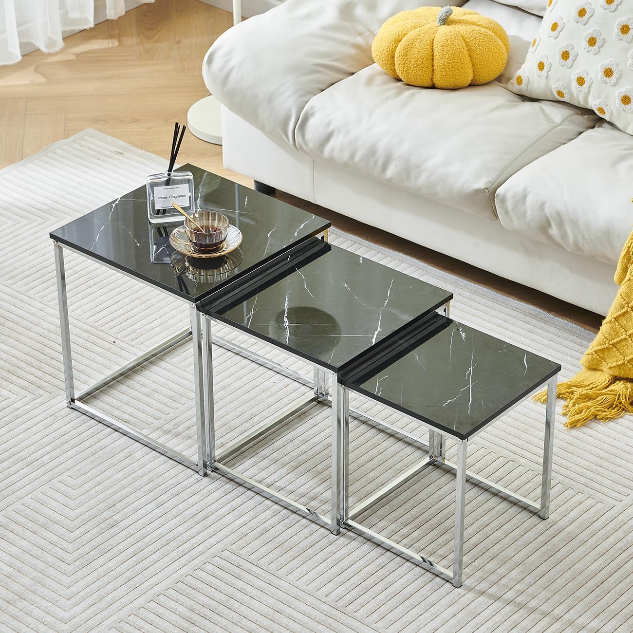 Nest of Tables Set of 3,Nesting Coffee Tables, Square Top Side Table End Tables with Metal Frame for Living Room, Bedroom, Office