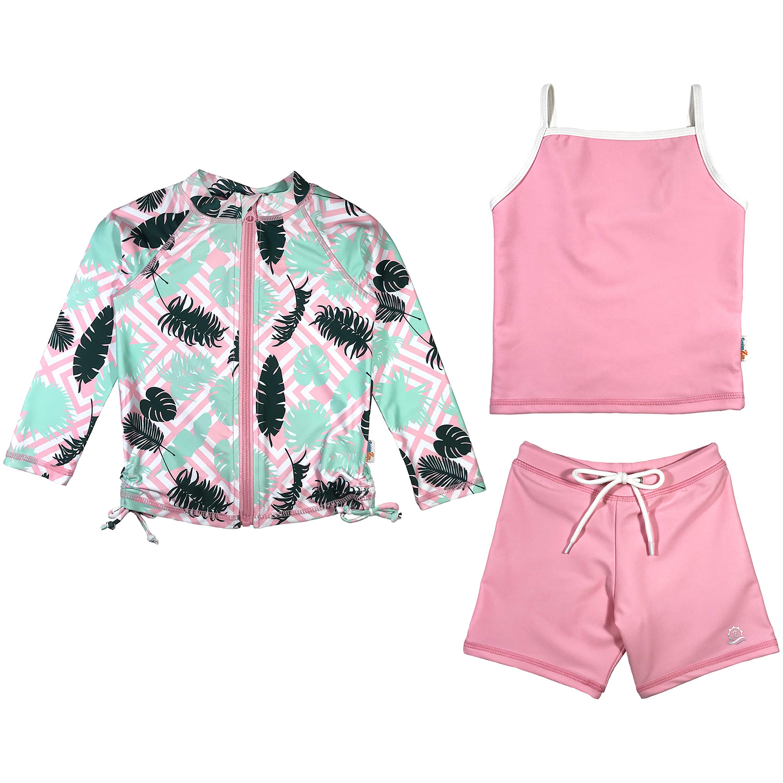 SwimZip Girls' 3 Pc Swim Set w/Long Sleeve Rash Guard, Tankini &amp; Shorts UPF 50+
