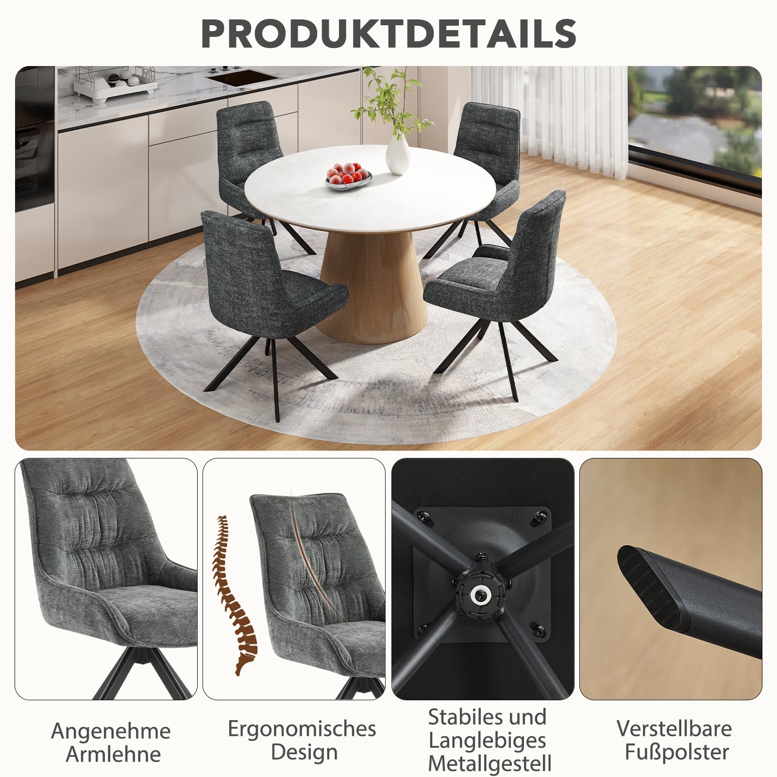 Drehstuhl Esszimmer, 4er Set 360° Drehbar Esszimmerstuhl, Küchenstuhl, Polsterstuhl aus Chenille, Schminkstuhl mit Hoher Rückenlehne und Metallbeine für Esszimmer Küche Büro, Dunkelgrau