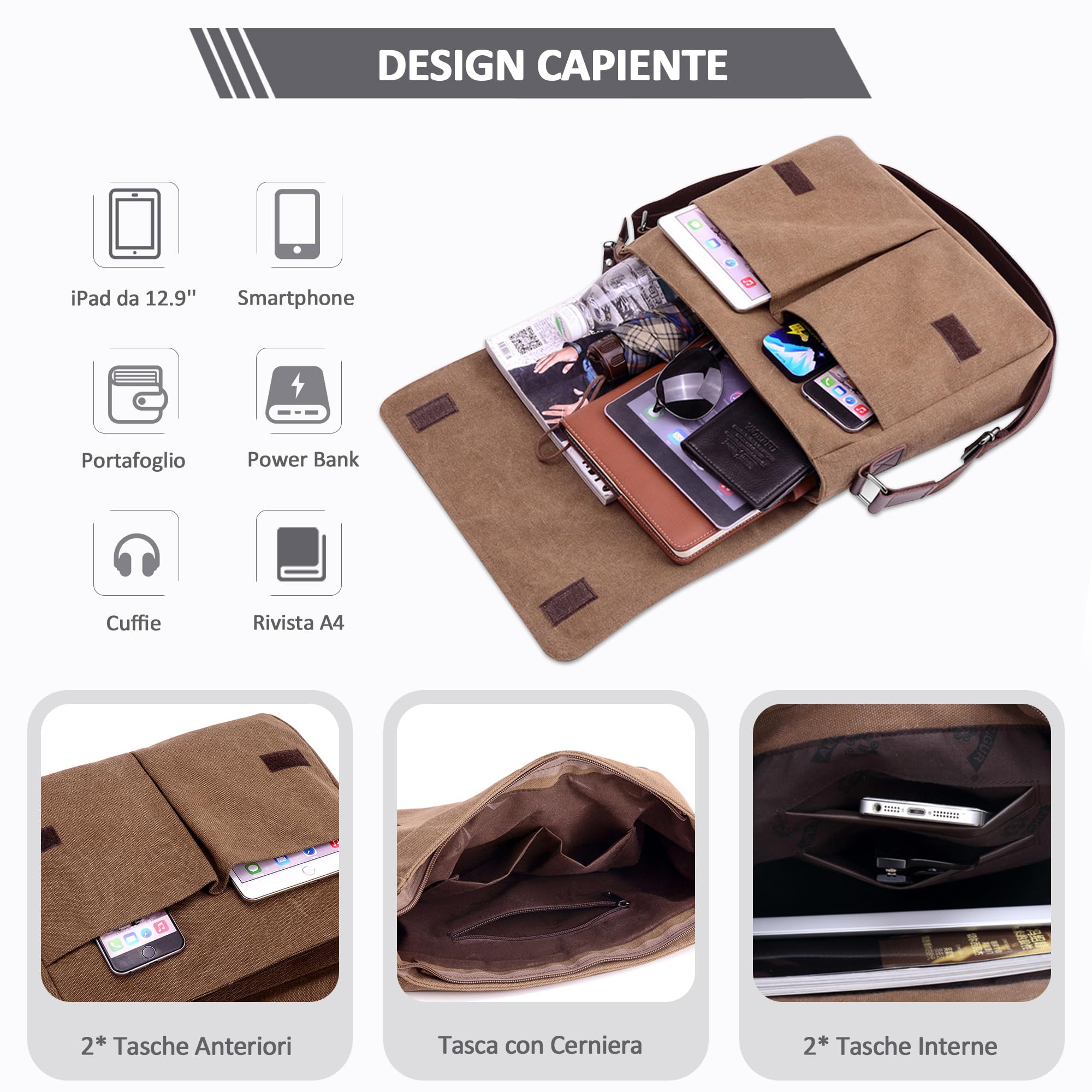 Uomo Borsa a Tracolla Moda Borse Messenger Ventiquattrore 14 pollici Laptop Messenger Bag Briefcase Viaggio Causale Lavoro Scuola Tela Borsa a Tracoll Marrone