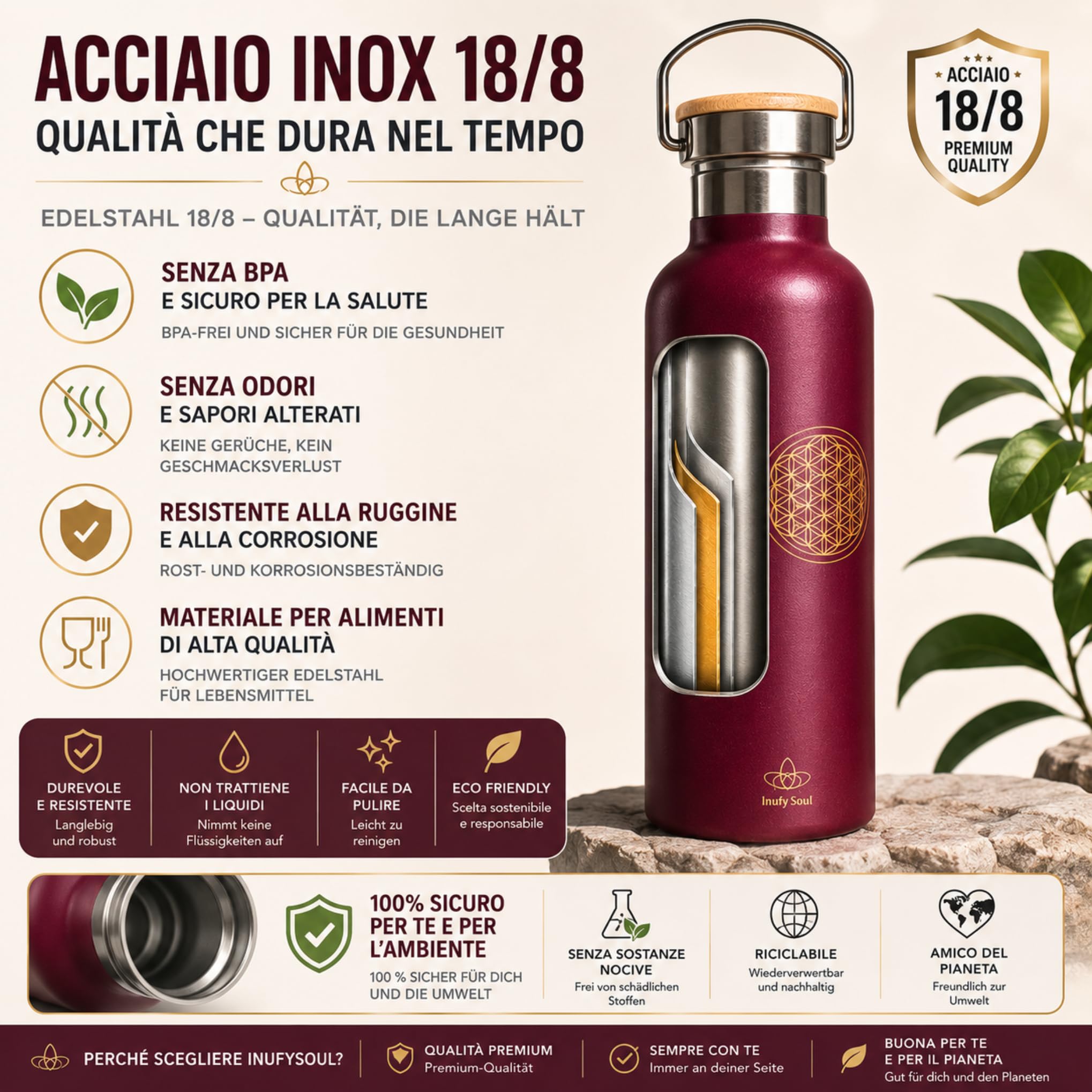Thermosflasche 750 ml mit Blume des Lebens, Trinkflasche Edelstahl BPA-frei, Isolierflasche mit Neoprentasche für Camping, Outdoor, Sport, Büro, Yoga Geschenke für Frauen