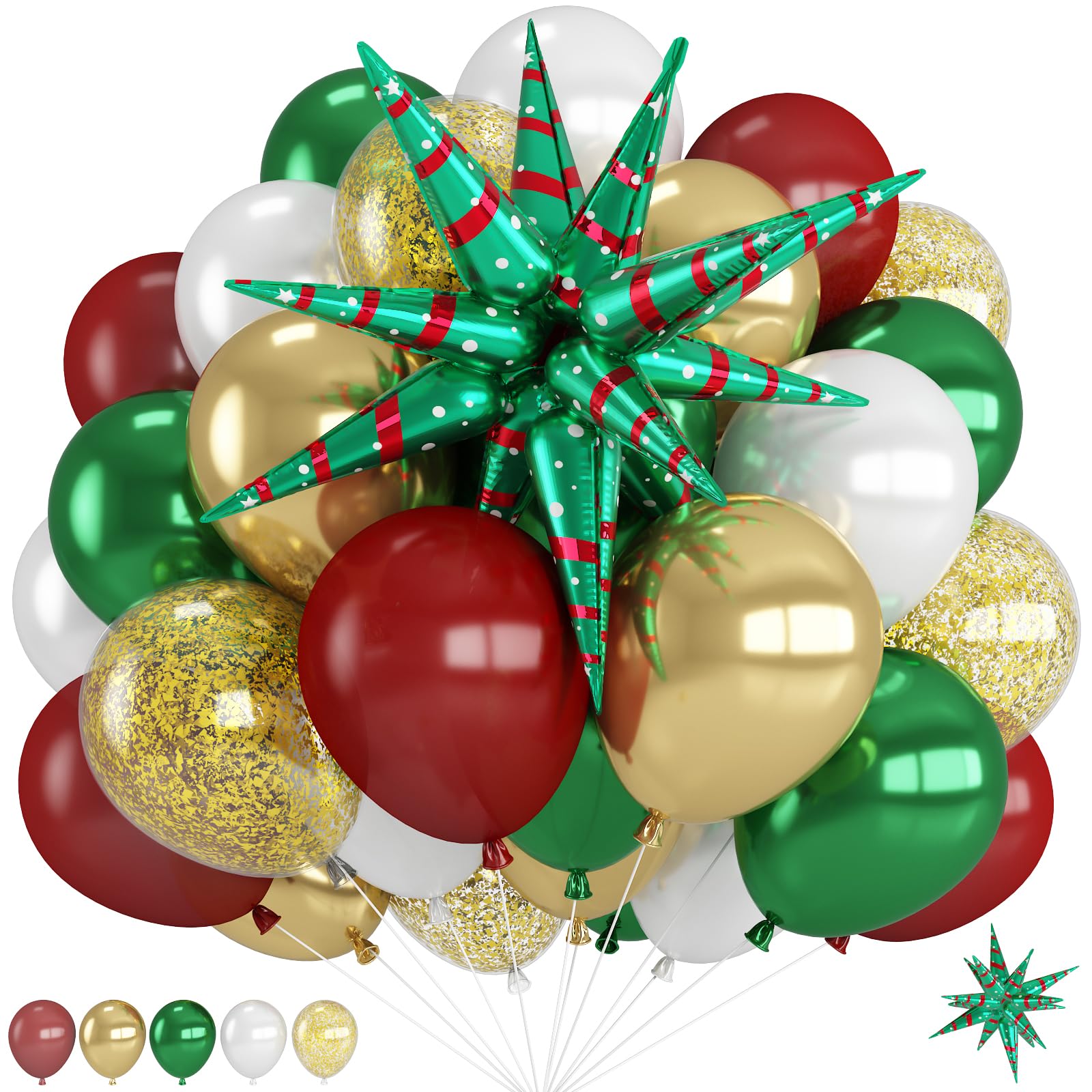 Red and Green Christmas Balloons Kit, Dark Red Green Metallic Gold Confetti Balloon with Christmas Explosion Star Helium Mylar Foil Balloons Set for Xmas New Year Birthday Party Decorations