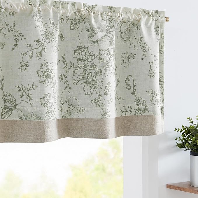 Linen Floral Valance Double Layer Kitchen Window Curtain Green Flower on Beige Valance for Living Room Cafe Farmhouse Light Filtering Rustic French Country Sage 16 Inch Rod Pocket 1 Panel