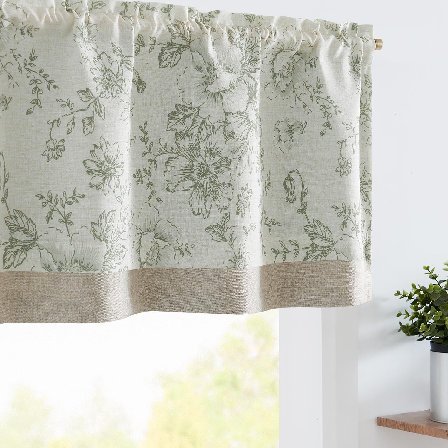 jinchan Linen Floral Valance Double Layer Kitchen Window Curtain Green Flower on Beige Valance for Living Room Cafe Farmhouse Room Darkening Rustic French Country Sage 16 Inch Rod Pocket 1 Panel