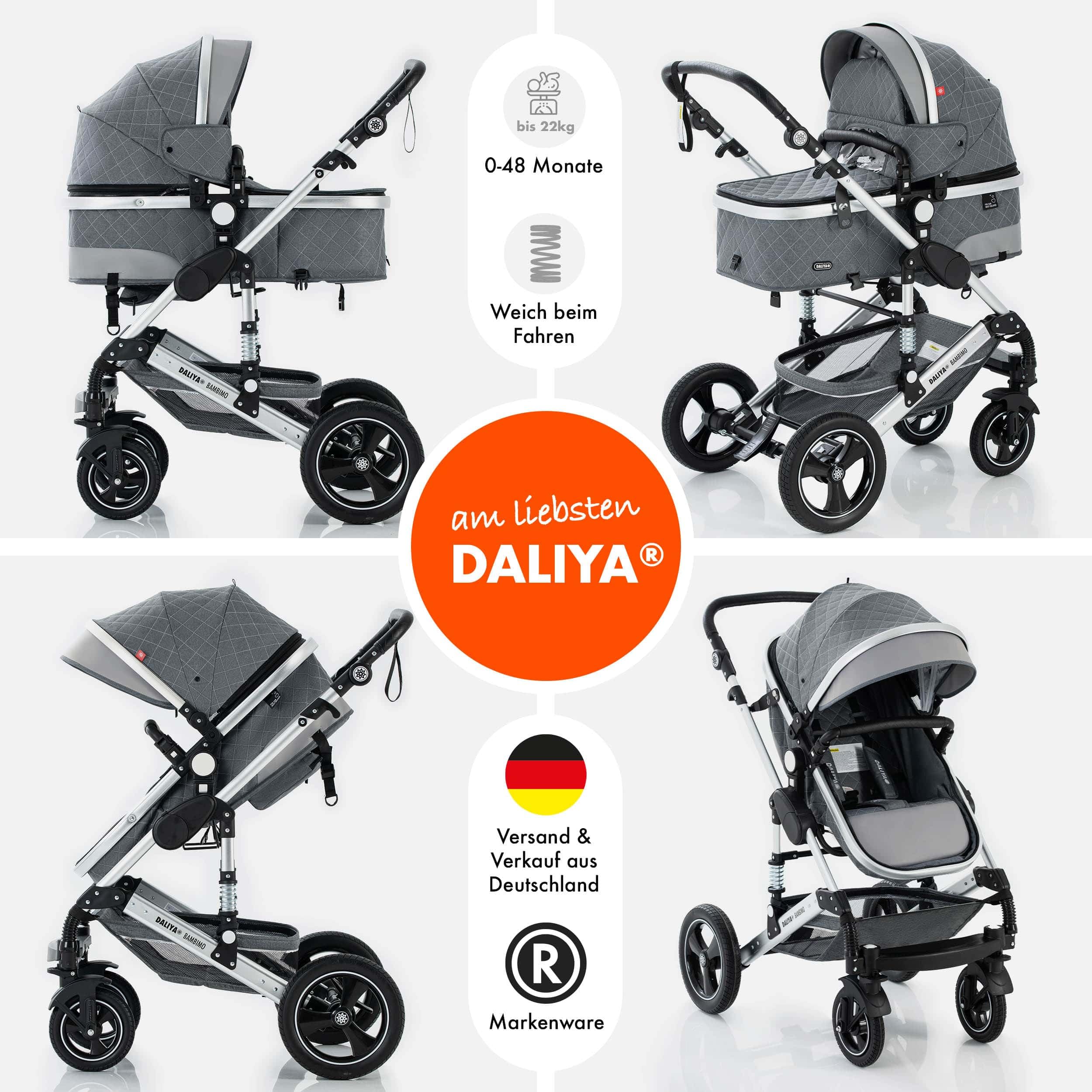 Daliya® BAMBIMO 2in1 Kinderwagen | Kombikinderwagen mit Aluminium-Gestell & Federung | Umbaubar zum Buggy | Wenderichtung beidseitig | Klappbar & platzsparend | Airless-Räder (Grau - Rahmen Silber)