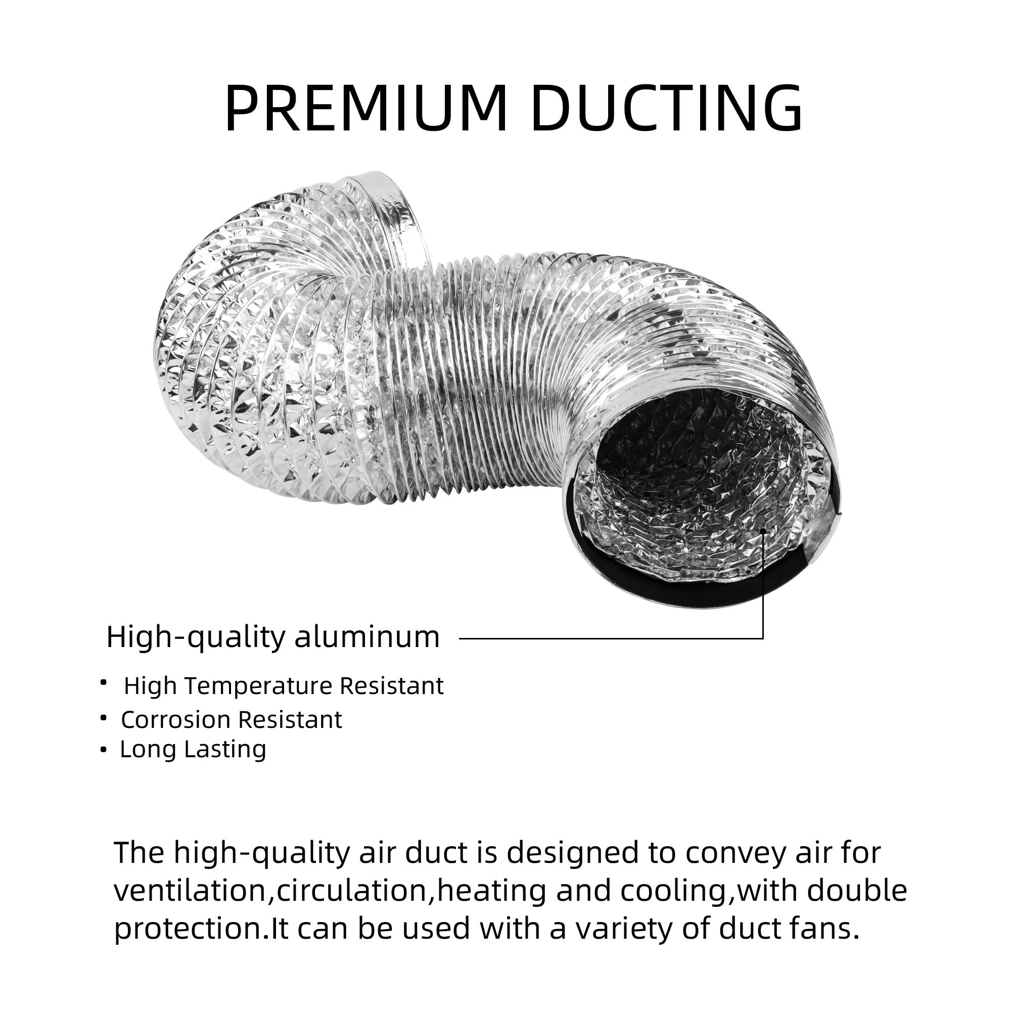 HYDROWE Dryer Vent Hose Flexible PVC Aluminum Foil Ducting Dryer Vent Hose for HVAC Ventilation with 2 Clamps (4in 5ft Silver)