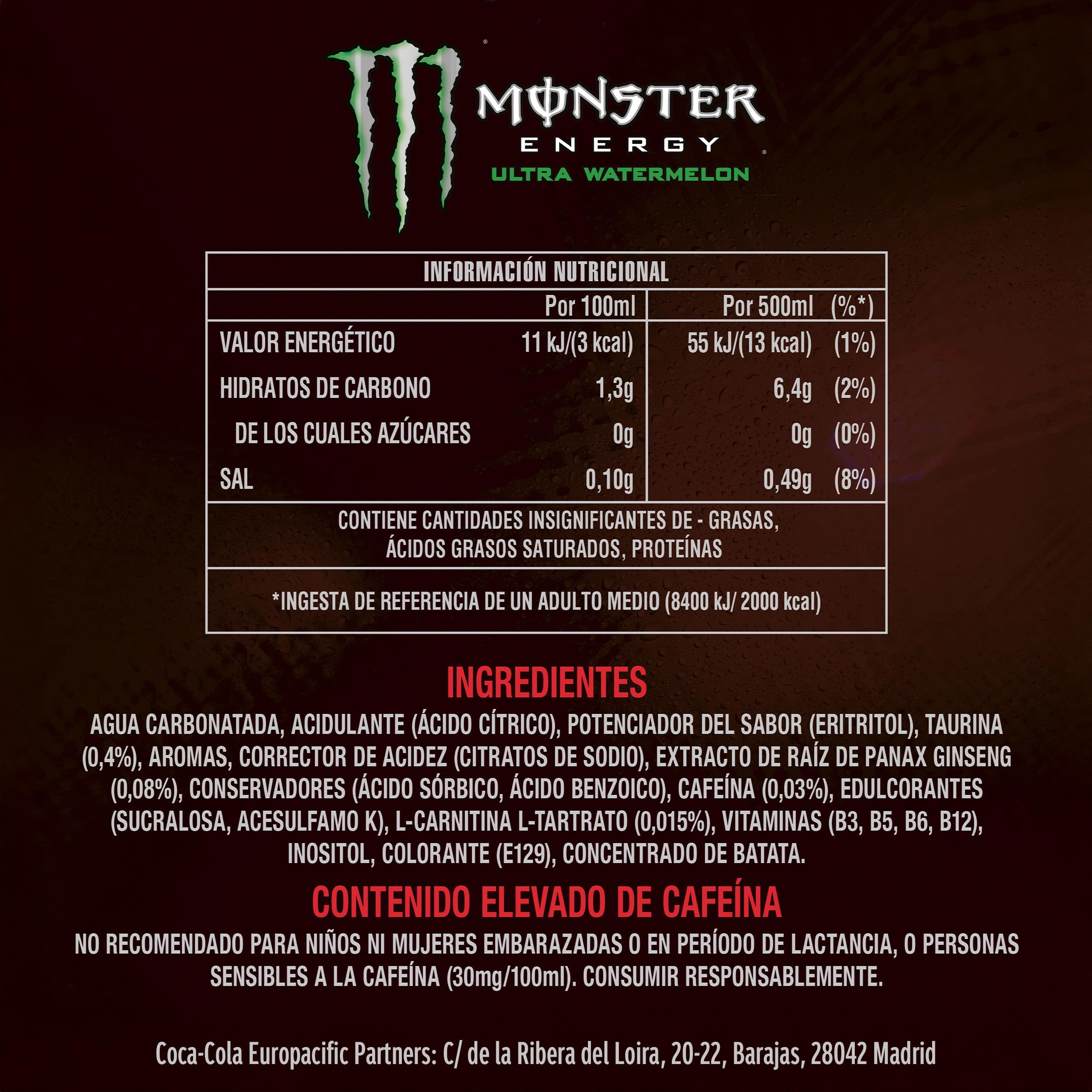 Monster Energy Ultra Watermelon Bebida Energética Sin Azúcar Pack 12 x 500 ml