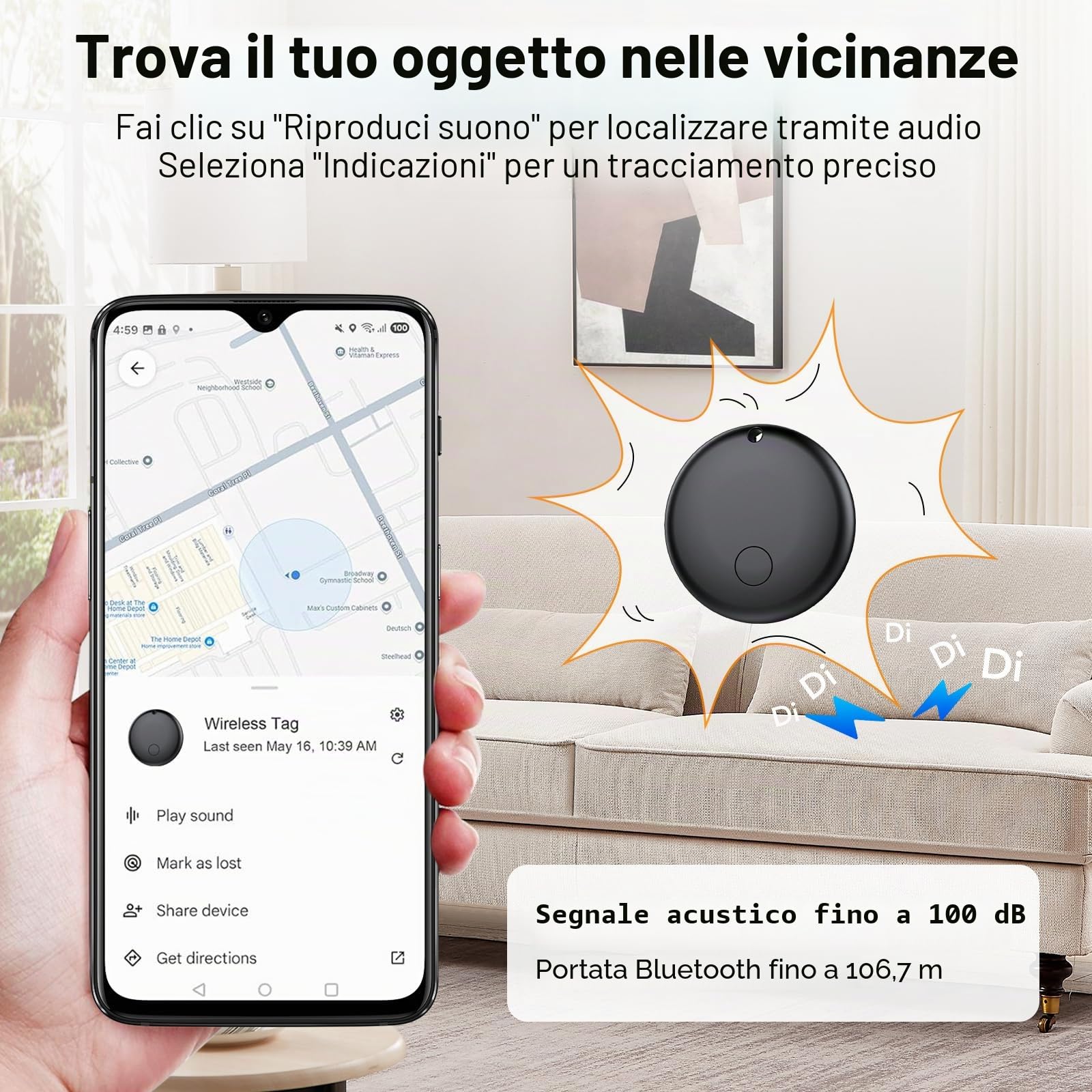 Android Smart Tag, Tracker con Google's Find Hub (Solo Android), IP68 Impermeabile, Bluetooth Localizzatore con Custodia Protettiva, Trova Oggetti per Chiavi/Bagagli/Portafogli, 4 Nero