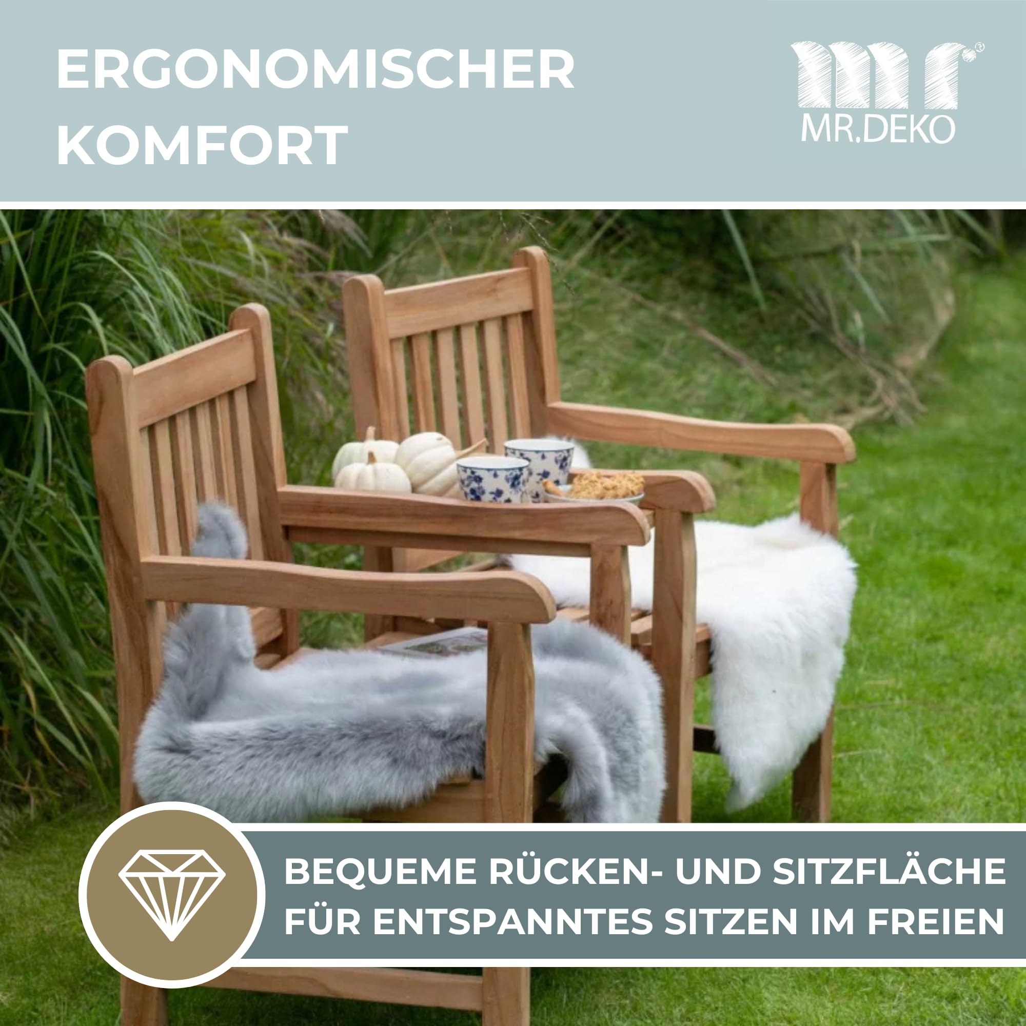 MR. DEKO Gartenbank wetterfest Feierabendbank 160cm Sitzbank Teak Holz | teilbar 2 Sessel + Ablagetisch