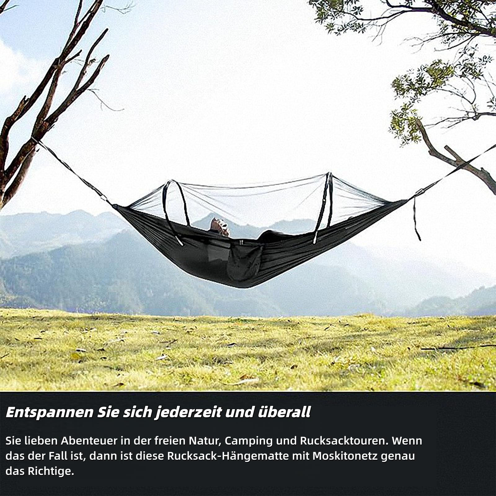 Hängematte 260 x 140cm, Camping Hängematte mit Moskitonetz, max. 300 kg, Fallschirm Nylon, mit Befestigungsgurten & Karabinern für Outdoor Wandern Rucksackreisen (Rosa/Blau)