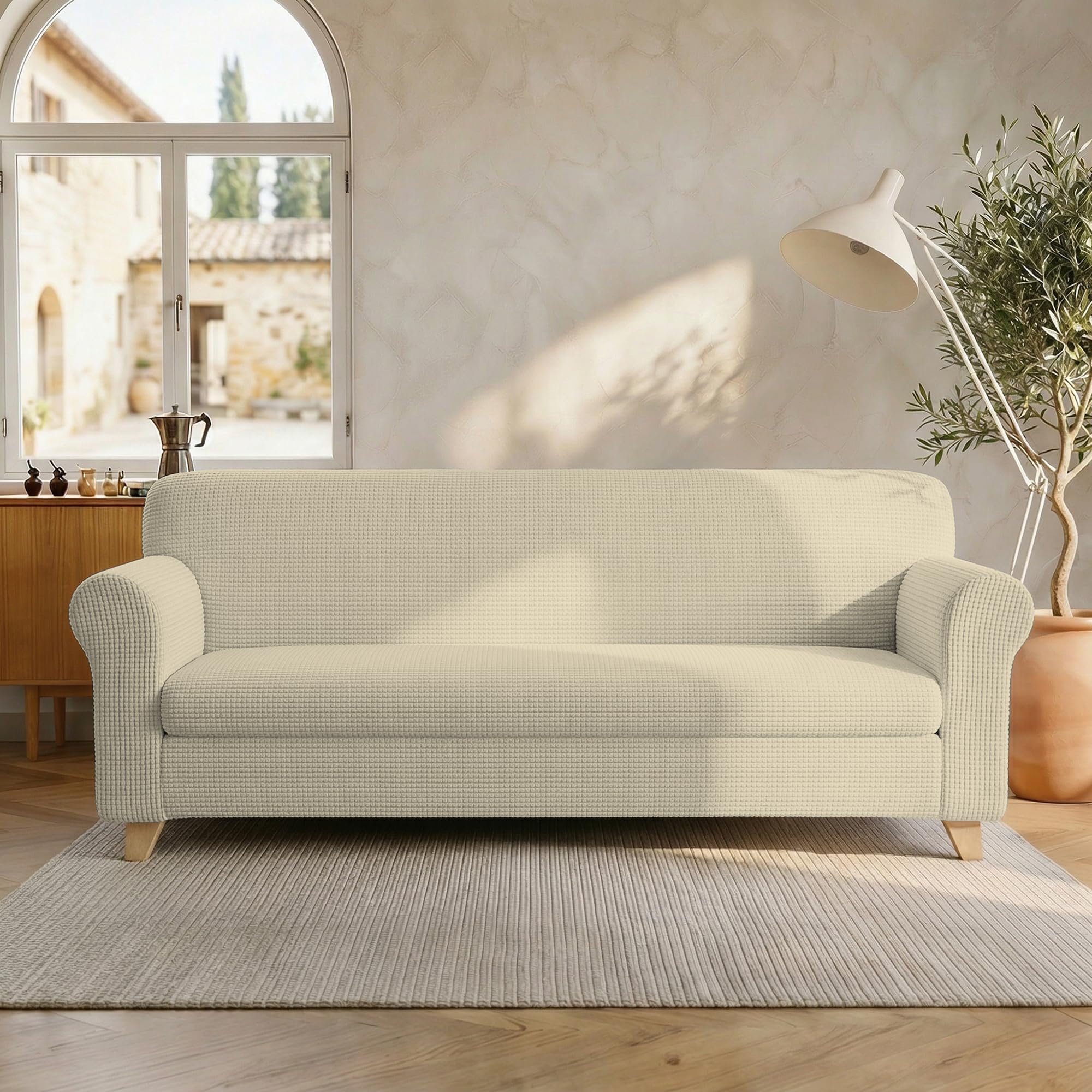 Italian Bed Linen “ Leslie” Sofa Cover, 95% Polyester + 5% Elastane, Cream, 3 Places