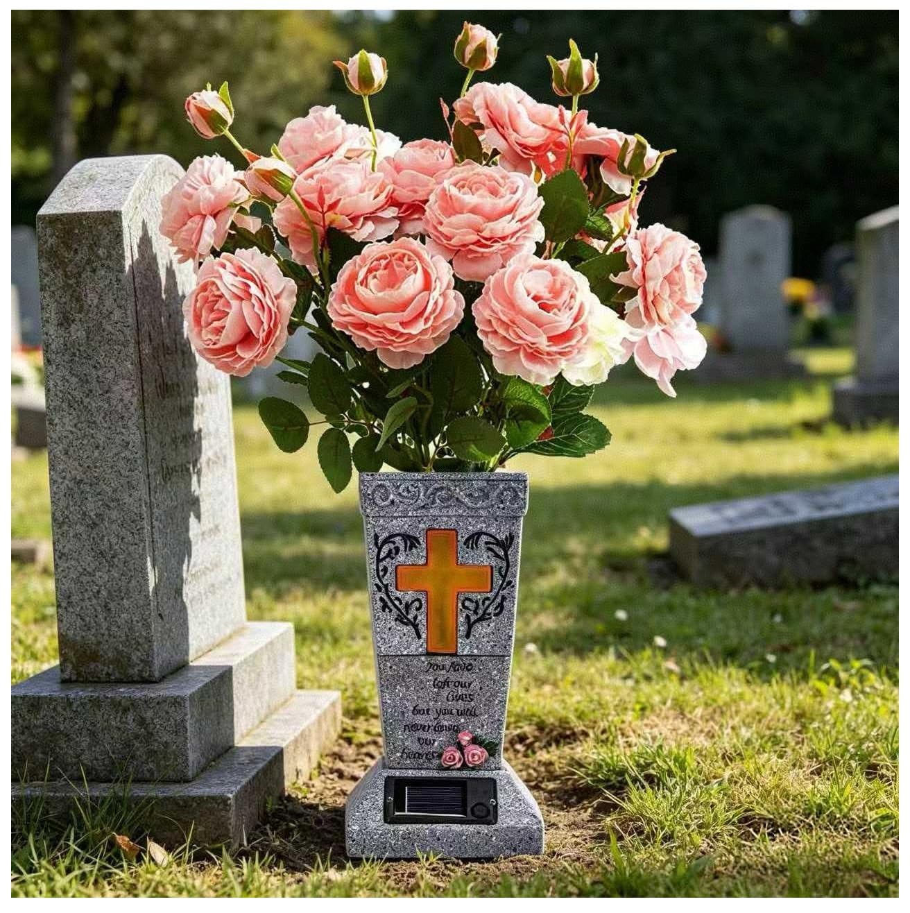 Jarrón solar para cementerio impermeable con luz LED de cruz para flores