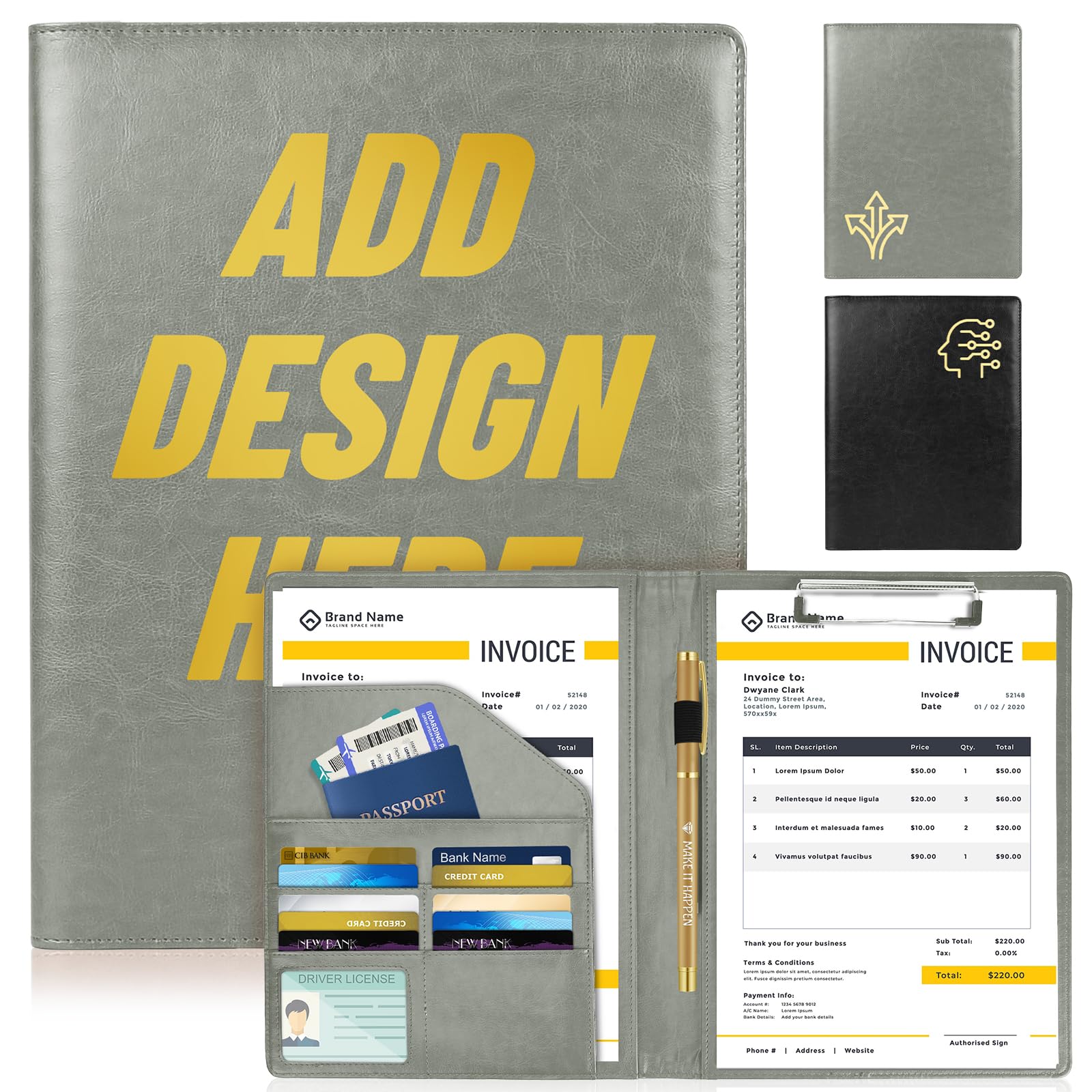 ENOMY Customized A4 Portfolio Folder PU Leather Personalised Certificate Folder with Name/Logo Executive Document Holder for Office Business Men Women Ideal Conference & Gift Grey
