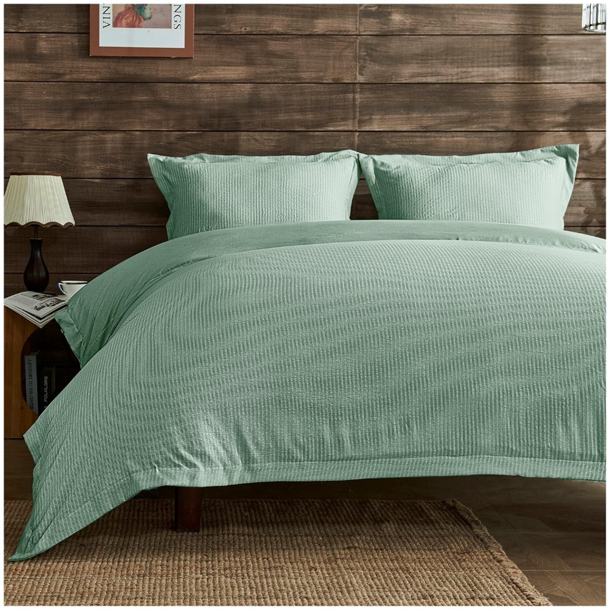 Lions Double Bed Bedding Set - Seersucker Duvet Cover with Matching Pillowcase, Soft 100% Polyester Microfibre Quilt Covers, 3 Piece Bed Sets, Sage Green, 200x200cm