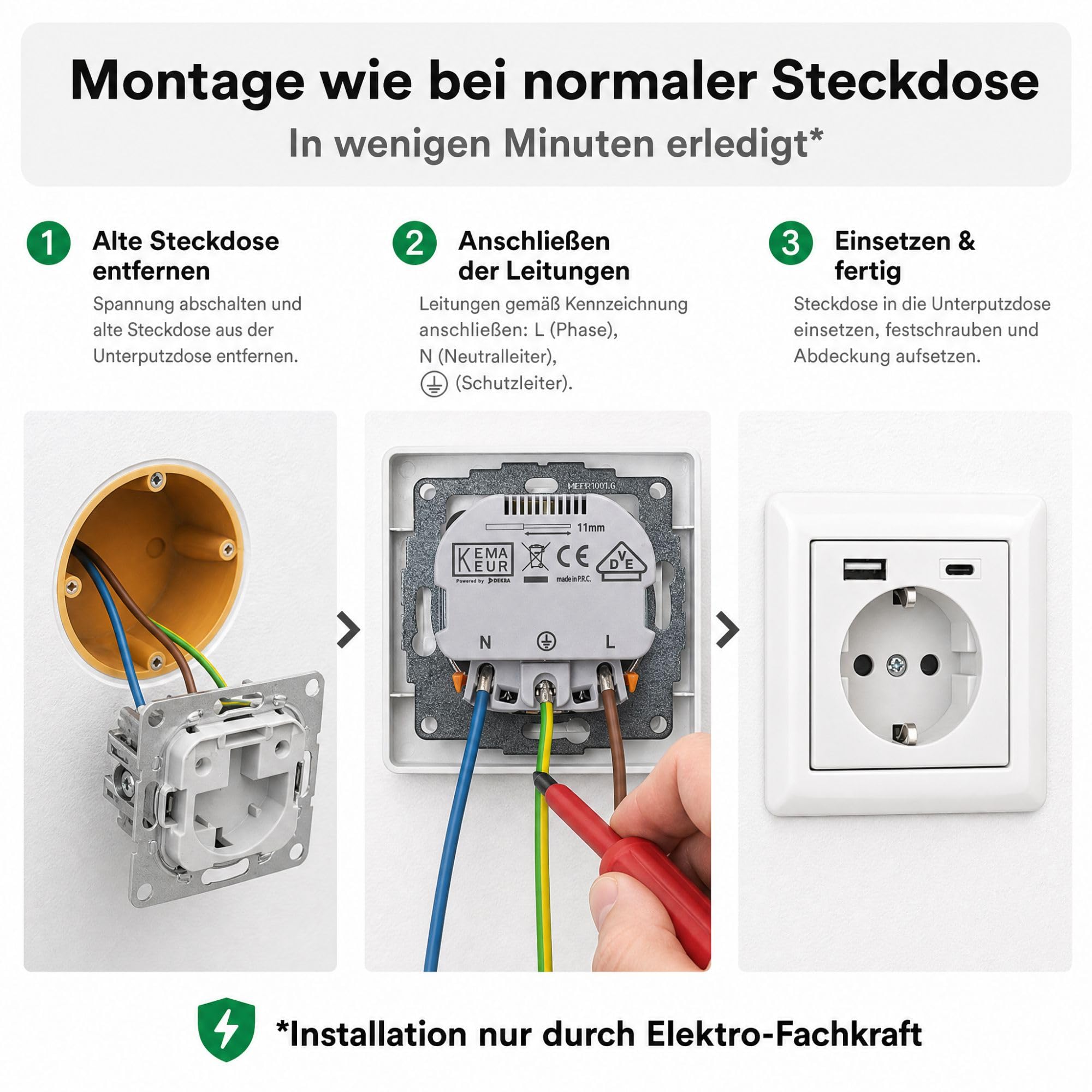 USB-Steckdose chargeMax unter Putz USB-A + USB-C mit Rahmen Ausführung 2USB, Tiefe nur 32mm, Set mit Abdeckung Gira S55 reinweiß glänzend